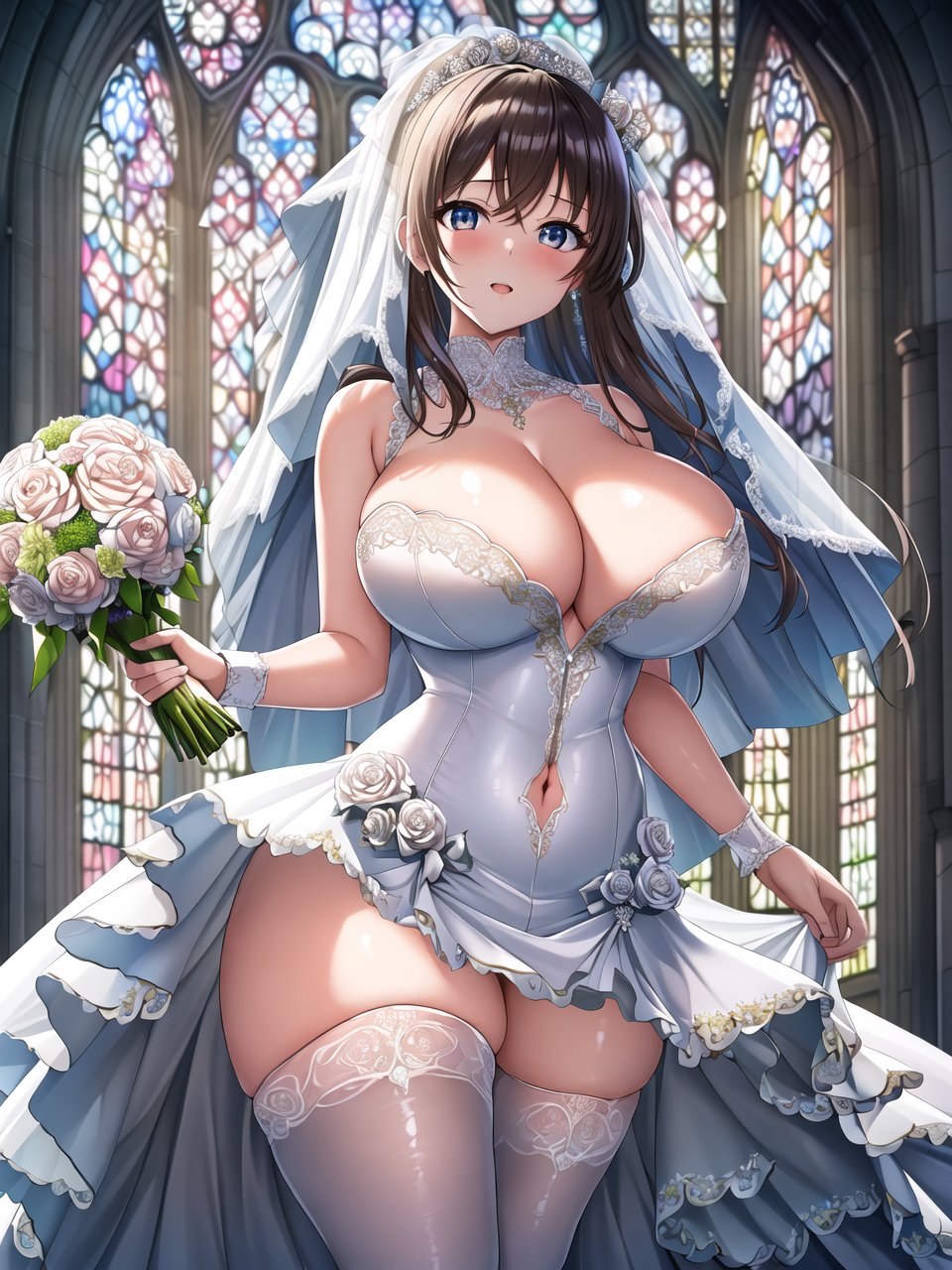 2023, ai generated, bridal veil, bride, curvaceous, curvy body, curvy figure, dress, female, female focus, female only, high resolution, highres, long hair, seductive look, stable diffusion, voluptuous female, wedding dress, white panties