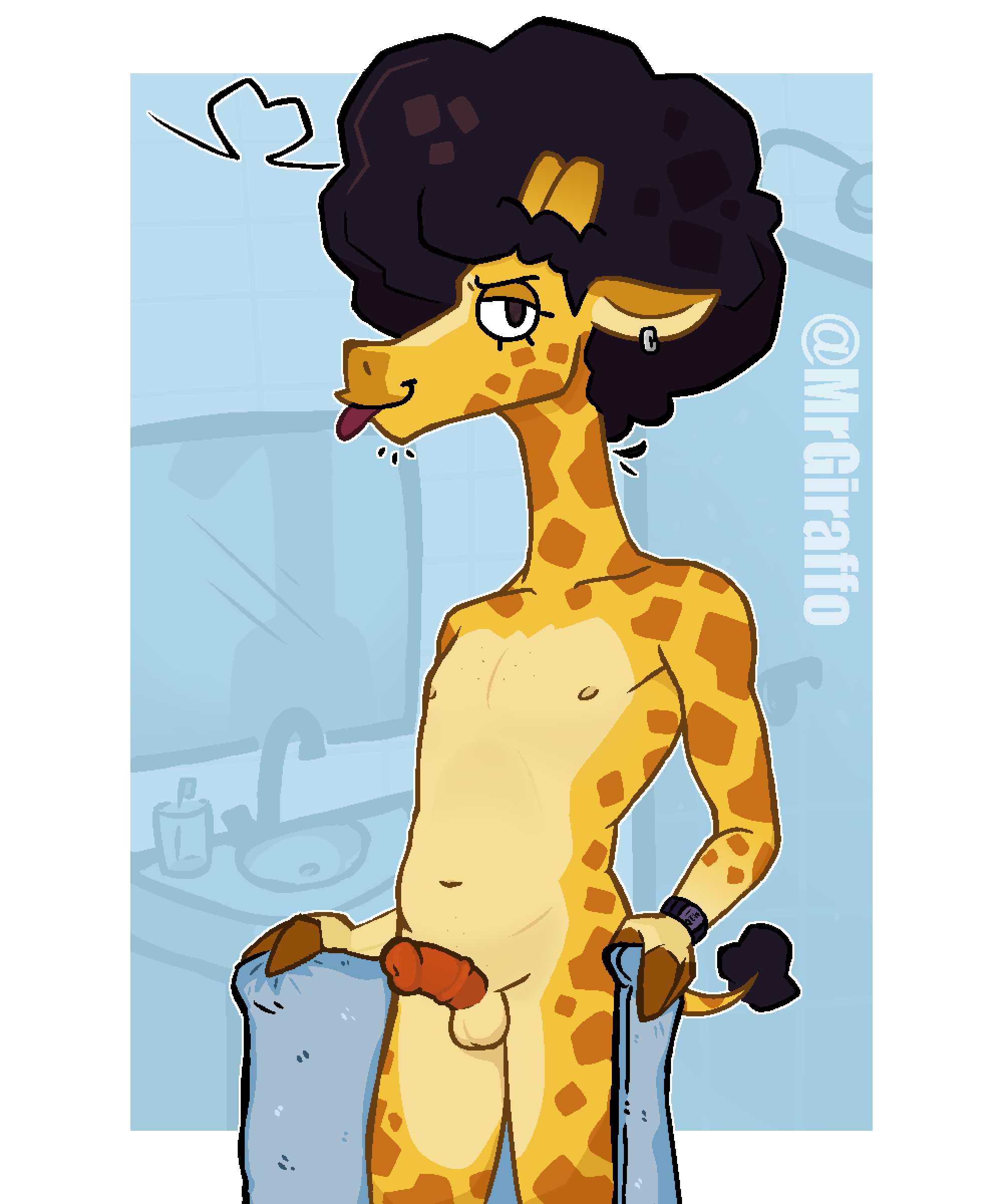 absurd_res afro anthro bathroom bedroom_eyes clock detailed_background erection fingers floppy_ears genitals giraffe giraffid giraffo_(mrgiraffo) hi_res hooved_fingers hooves horn looking_at_viewer mammal mrgiraffo narrowed_eyes nipples ossicone penis piercing presenting purple_tongue seductive small_penis solo spots spotted_body tail tail_tuft teasing tongue tongue_out towel towel_only tuft watch wristwatch