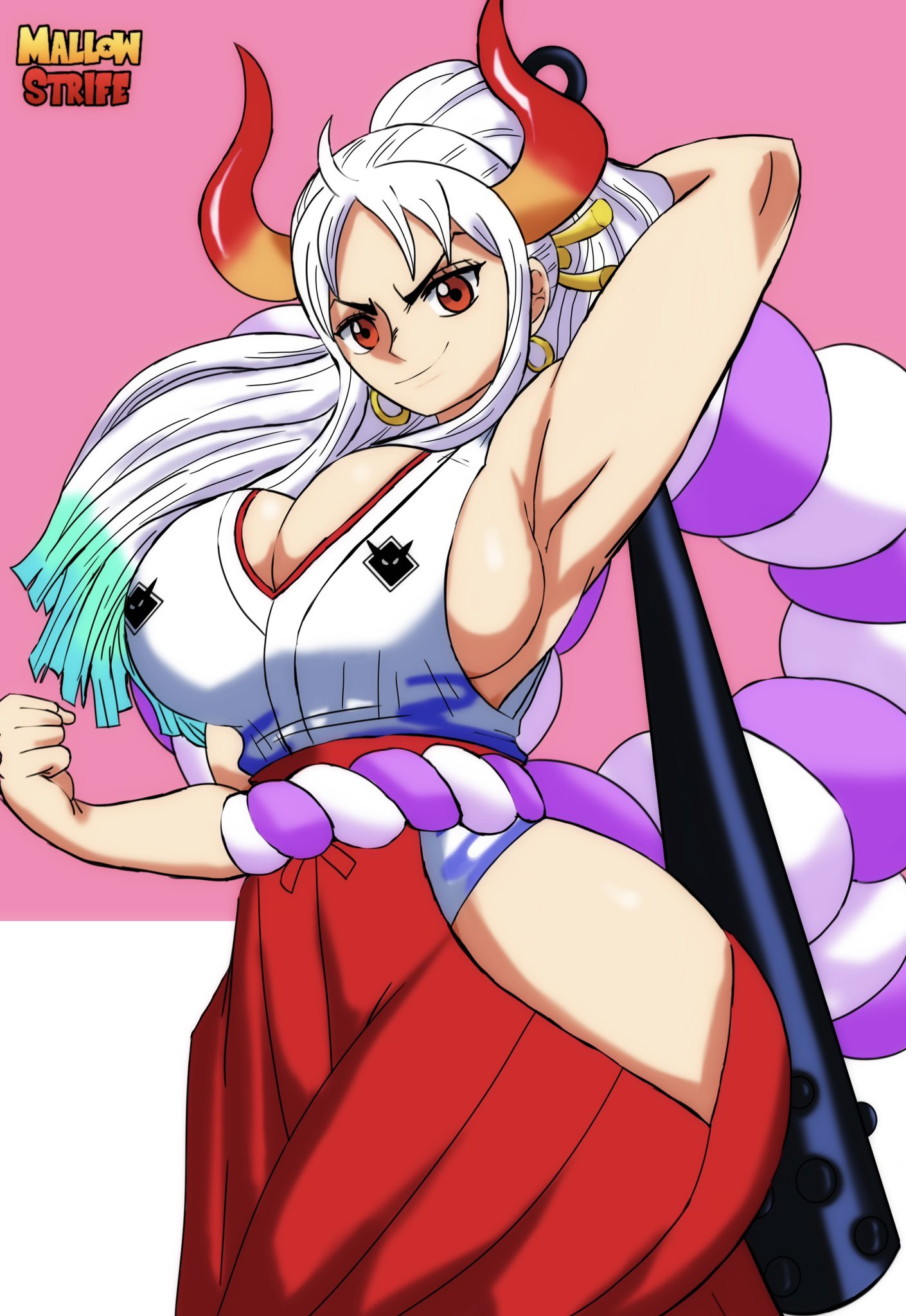 1girls, armpits, ass, big ass, big breasts, big butt, breasts, cleavage, female, female only, front view, hakama, mallow strife, one piece, sideboob, two-tone hair, white hair, white-haired female, yamato (one piece)