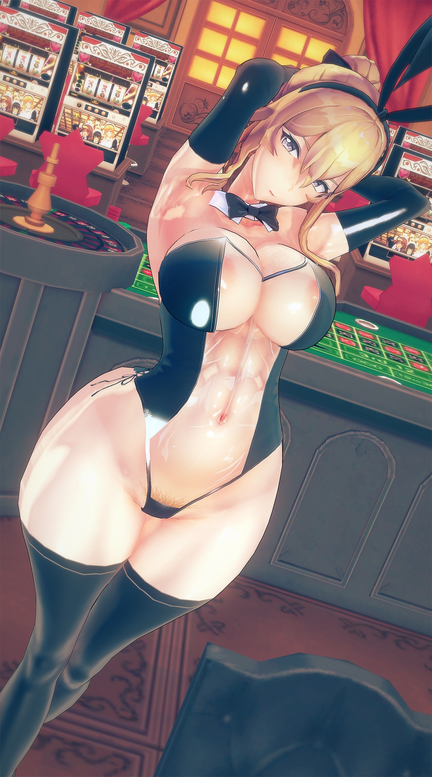 1girls, areolae, armwear, big breasts, black legwear, black stockings, blush, breasts, bunny ears, bunny girl, bunnysuit, cocoron, female, female only, genshin impact, hands behind head, huge breasts, jean gunnhildr, koikatsu, large breasts, legwear, navel, pubic hair, stockings, thick thighs, thighs, voluptuous