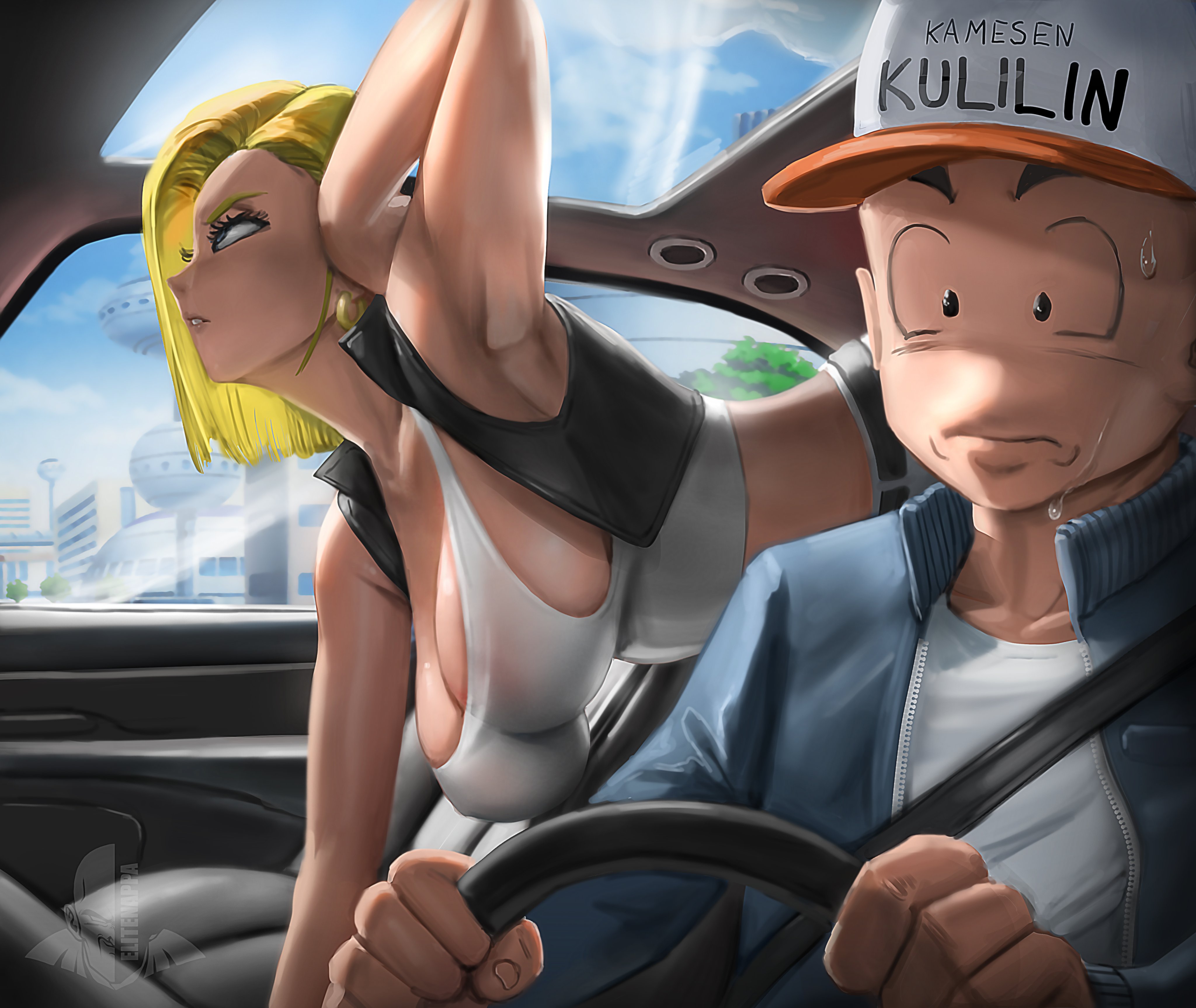 1boy, 1girls, android 18, arm up, armpits, big breasts, blonde hair, breasts, car, city, cleavage, clothing, dragon ball, dragon ball z, driving, elitenappa, female, hat, husband and wife, jacket, krillin, kuririn, leaning forward, male, nervous sweat, no bra, pants, shirt, sweatdrop, vehicle, vest