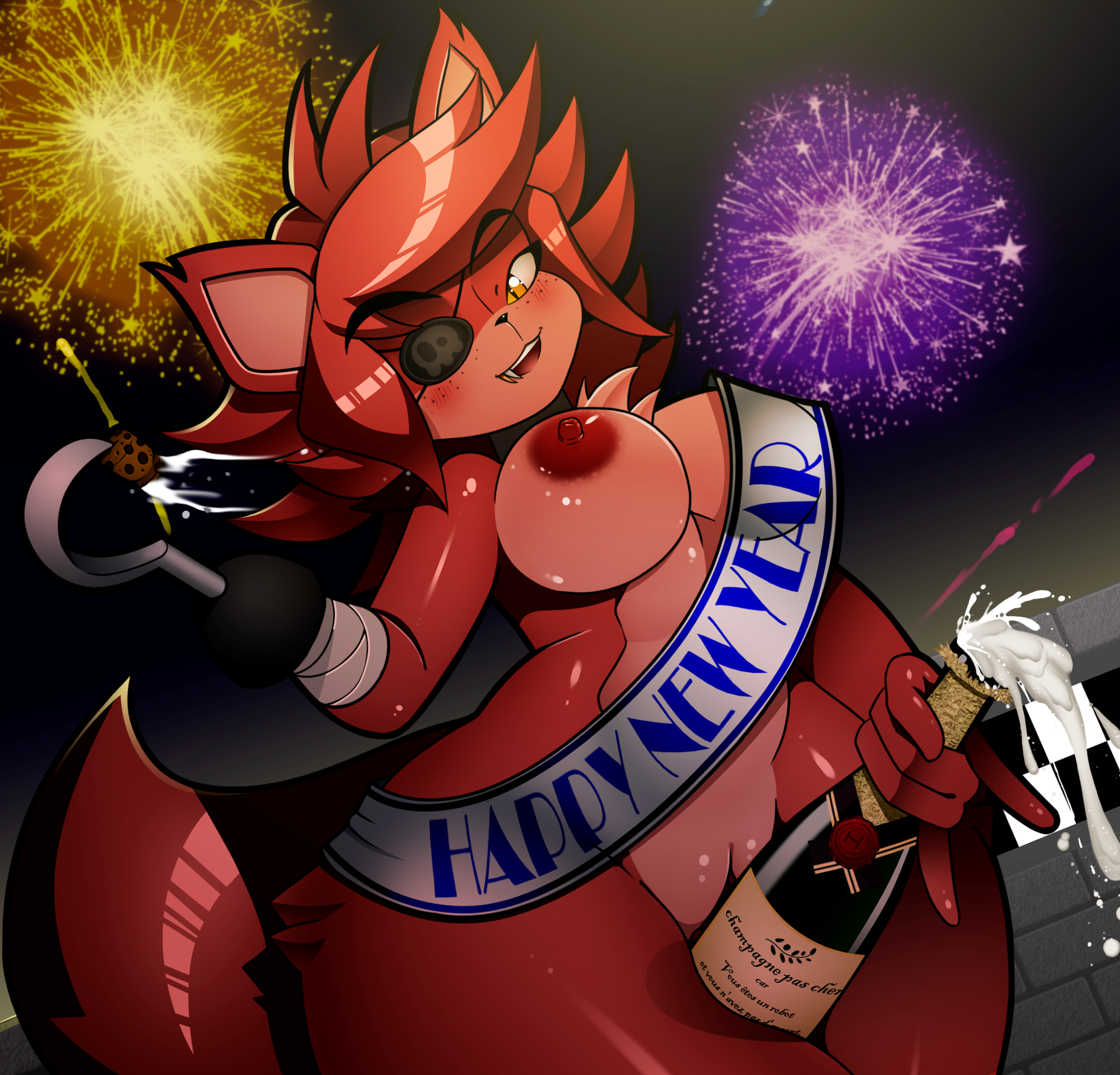 1girls, 2023, absurd res, alcohol, anthro, anthro only, bandage, bandaged arm, beverage, big breasts, blush, bottle, breasts, cally3d, canid, canine, canis, chacrawarrior, champagne, clazzey, cryptiacurves, detailed, detailed background, digital drawing (artwork), digital media (artwork), eye patch, eyebrows, eyebrows visible through hair, eyepatch, eyewear, fazclaire's nightclub, female, female focus, female only, fexa, fexa (cally3d), fexa (cryptia), fingers, fireworks, five nights at freddy's, fnaf, fox, fox ears, fox girl, fox tail, foxy (cally3d), foxy (fnaf), fredina's nightclub, fur, furry, furry female, furry only, genderswap, genderswap (mtf), genitals, happy new year, hi res, holding object, hook, hook hand, looking at viewer, mammal, mtf crossgender, naked, naked female, nipples, nude, nude female, pussy, red body, red fur, rule 63, scottgames, shaded, sharp teeth, smile, snout, solo, tuft, two-tone fur, voluptuous, yellow eyes