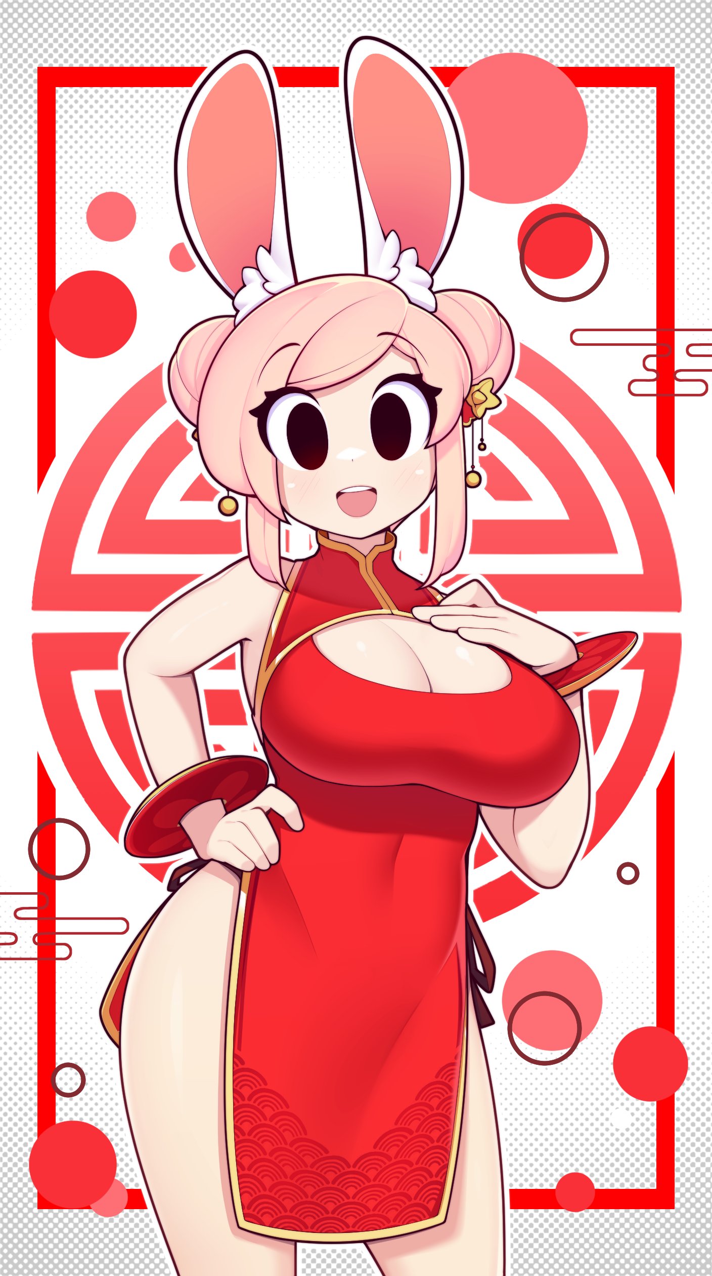 1girls, big breasts, black eyes, breasts, bunny ears, bunny girl, china dress, chinese clothes, cleavage cutout, female, female only, fiz, fizintine, hair buns, hand on chest, hand on hip, hi res, looking at viewer, pink hair, smiling, smiling at viewer, solo, three-quarter portrait, wide eyed, year of the rabbit