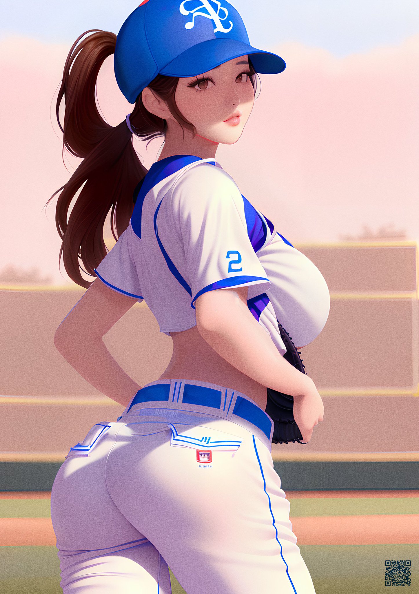 1girls, 2023, ai generated, baseball cap, baseball uniform, big breasts, boobs and butt pose, breasts, curvaceous, curvy, curvy body, curvy female, curvy figure, female, female focus, female only, high resolution, looking at viewer, looking back, seductive look, stable diffusion, tagme, voluptuous