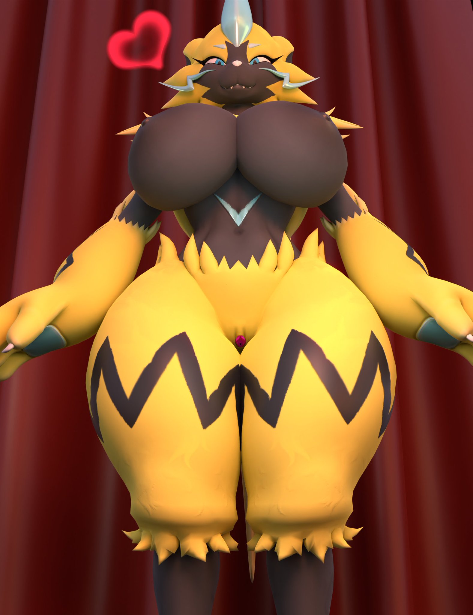 3d, 3d (artwork), anthro, breasts, female, female focus, female only, female pokemon, large breasts, legendary pokemon, nintendo, pokémon (species), pokemon, pokemon (species), thick, xlkev, zeraora
