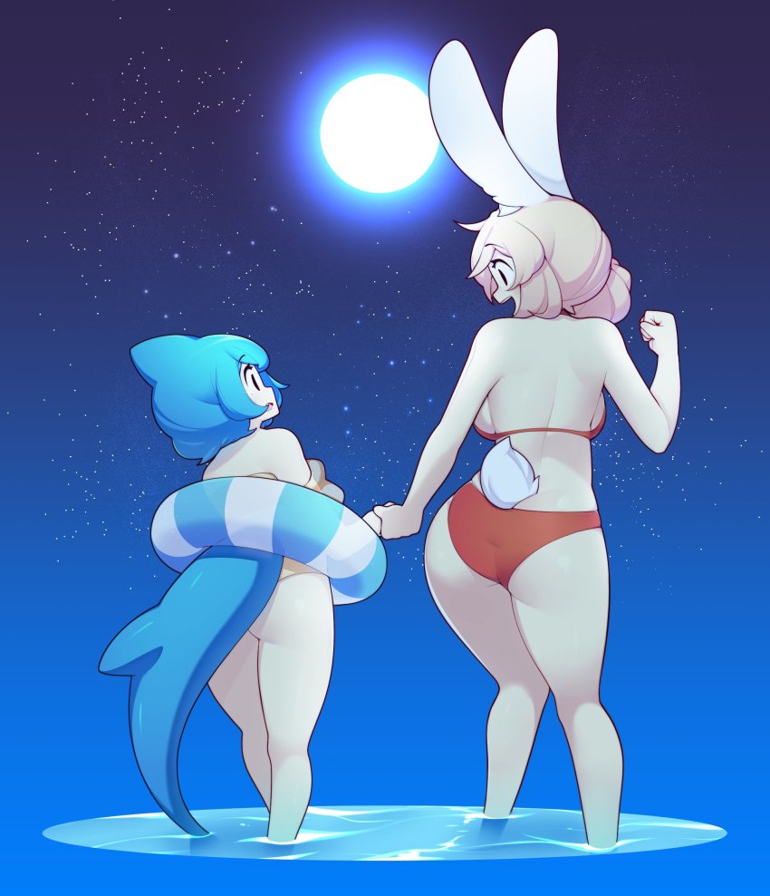 2021 2girls back_view bikini blue_hair bunny_ears bunny_girl bunny_tail female female_only fiz fizintine floatie full_moon hand_holding holding_hands in_water inflatable looking_at_partner moon original pink_hair rabbit_ears shark_girl shark_tail smaller_female tail tori_(fizintine) water