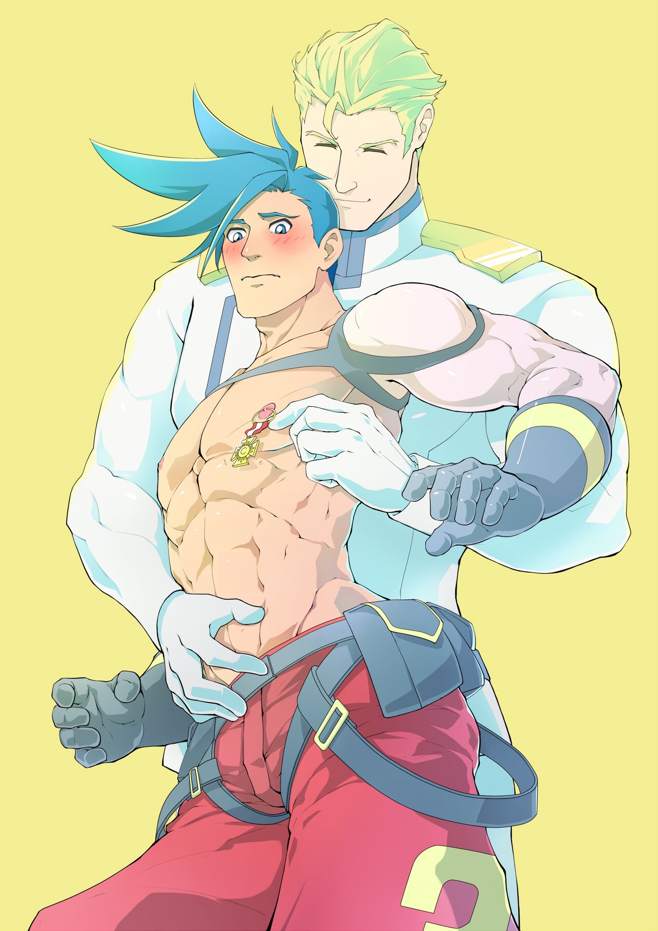 embarrassed evinist galo_thymos gay kray_foresight male male_only muscles muscular muscular_male nipple_piercing nipple_play nipple_tweak promare