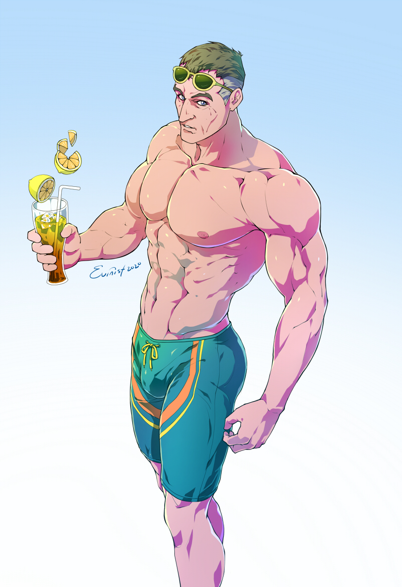 bulge daddy dilf drink evinist male male_only muscles muscular muscular_male overwatch shirtless_male sigma_(overwatch) summer swimsuit