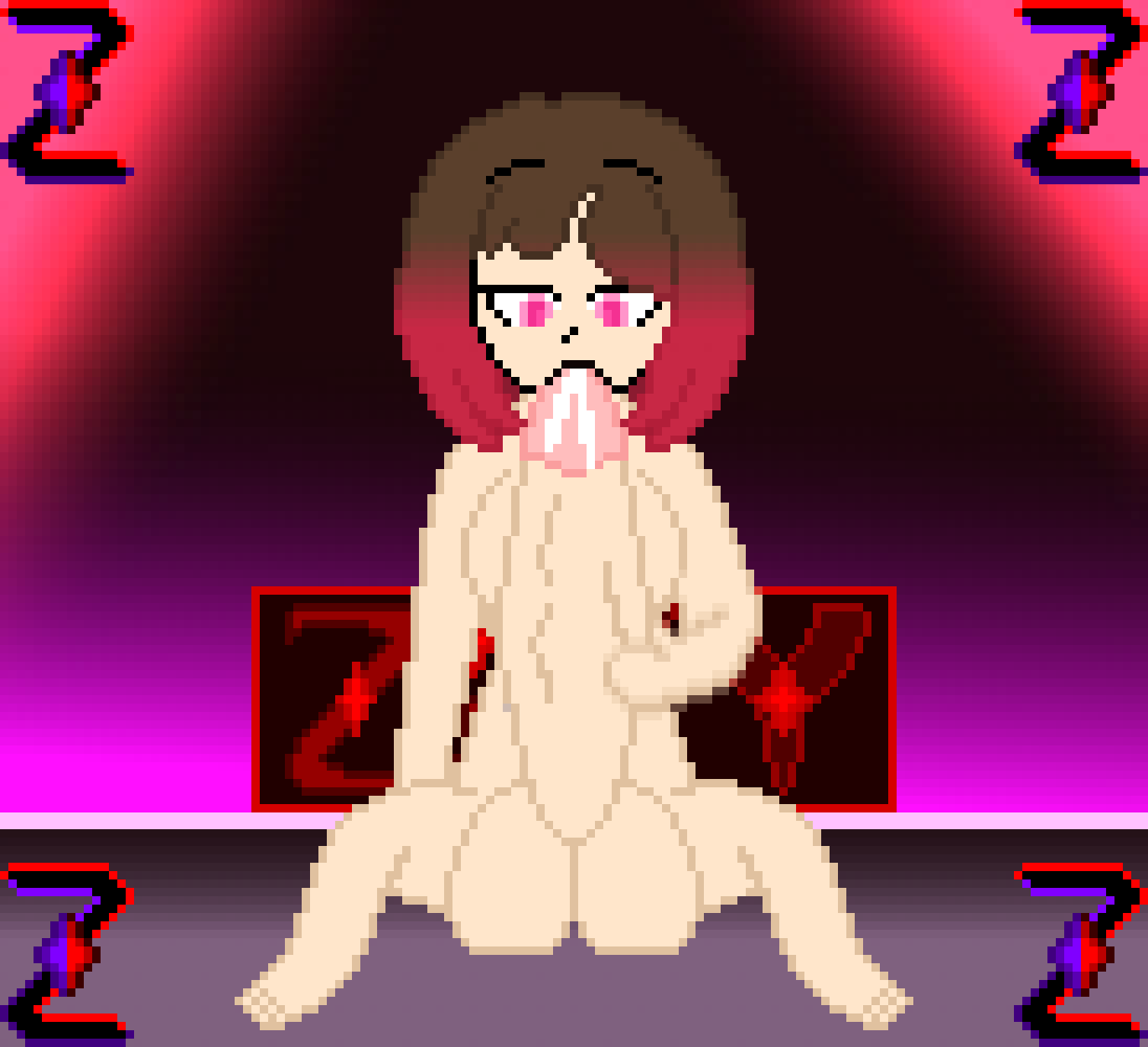 1futa 2d areolae autofellatio balls bete_noire big_penis breasts brown_hair completely_nude erection futa_only futanari glitchtale glowing_eyes hand_on_penis huge_balls huge_cock human light-skinned_futanari light_skin masturbating masturbation nipples nude nude_futanari penis pink_eyes pink_hair pink_highlights pixel_art precum self_upload solo undertale undertale_(series) undertale_au z!betty zixy