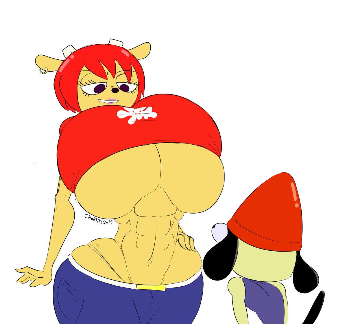 1boy 1boy1girl 1girls 2019 anthro ass big_ass big_breasts breasts huge_ass huge_breasts hyper hyper_ass hyper_breasts hyper_hourglass lammy_lamb large_ass large_breasts parappa parappa_the_rapper red_hair smug tasteofchoklit thick_thighs um_jammer_lammy underboob wide_hips