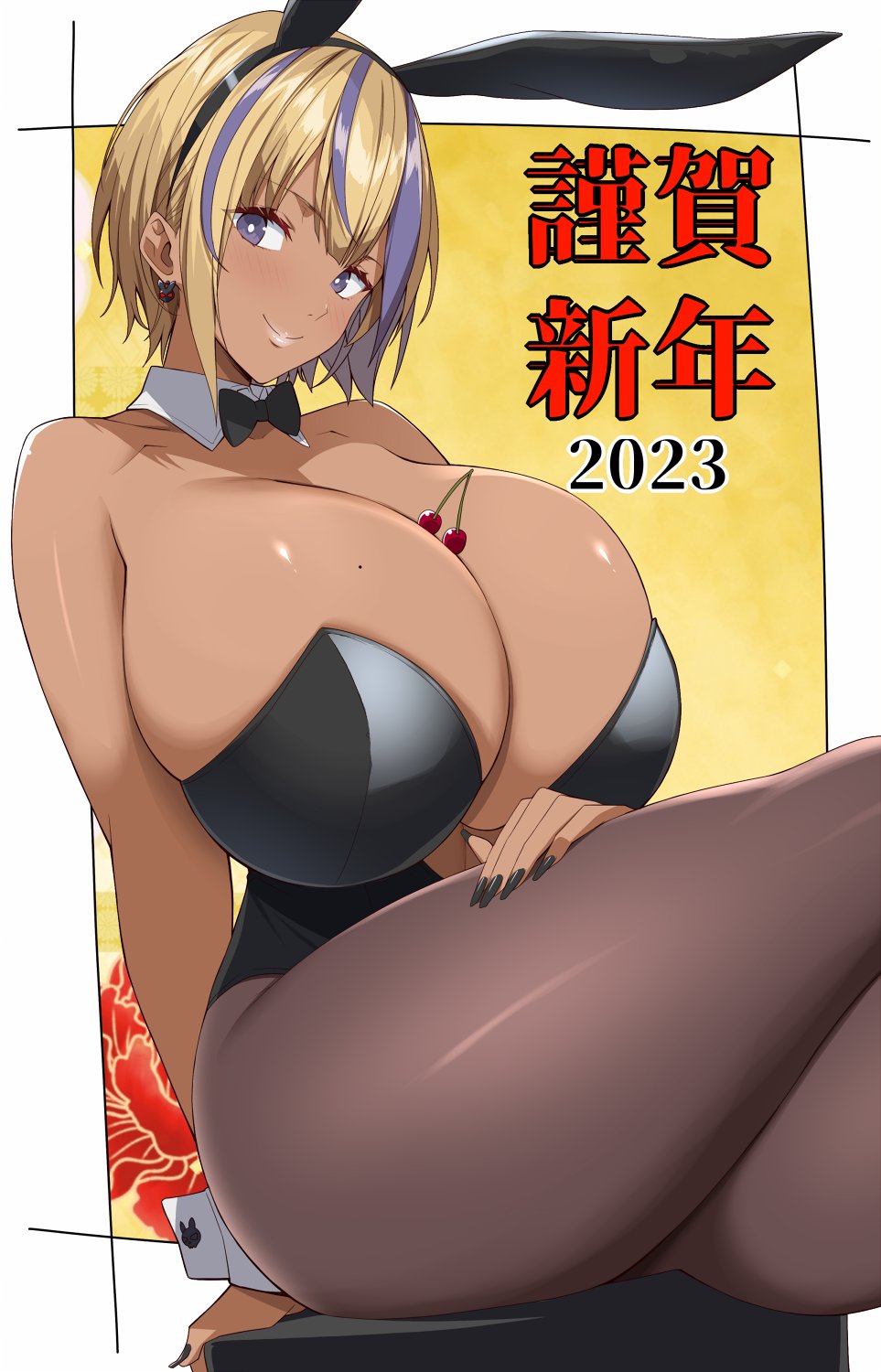 1girls between_breasts big_breasts blonde_hair bowtie breasts bunnysuit bursting_breasts cherry cleavage crossed_legs dark-skinned_female dark_skin detached_collar detached_sleeves earrings female female_focus female_only gyaru huge_breasts kloah large_breasts leotard mole nail_polish original overflowing_breasts pantyhose plump purple_eyes shinokami_xatiii_(kloah) short_hair sitting smile thick_thighs year_of_the_rabbit