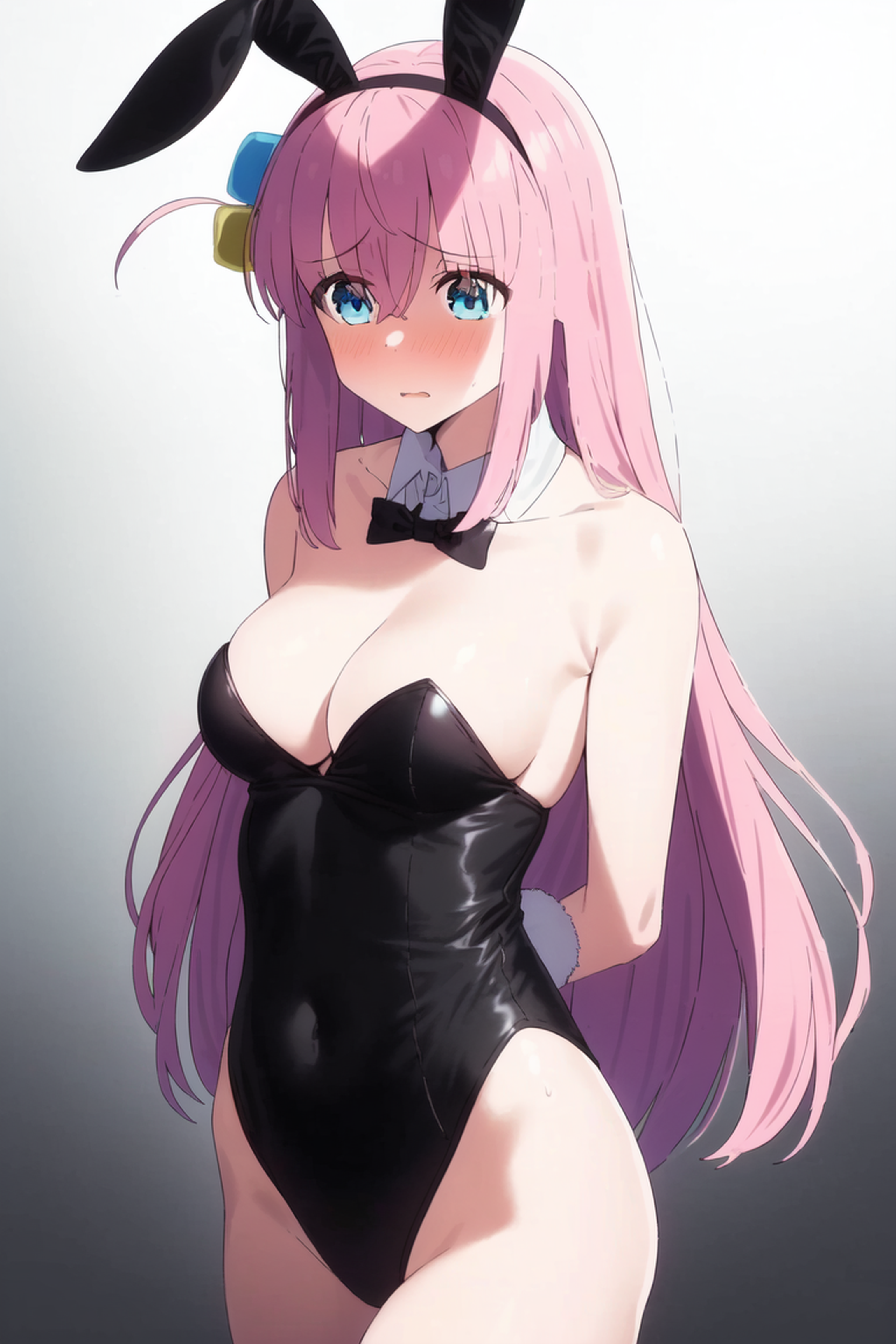1girls, ai generated, blue eyes, blush, bocchi the rock!, breasts, bunny ears, bunny girl, bunny tail, bunnysuit, cleavage, clothed, female, female only, gotou hitori, human, large breasts, latex, nai diffusion, pink hair, playboy bunny, shiny clothes, shy, solo, stable diffusion, tight clothing