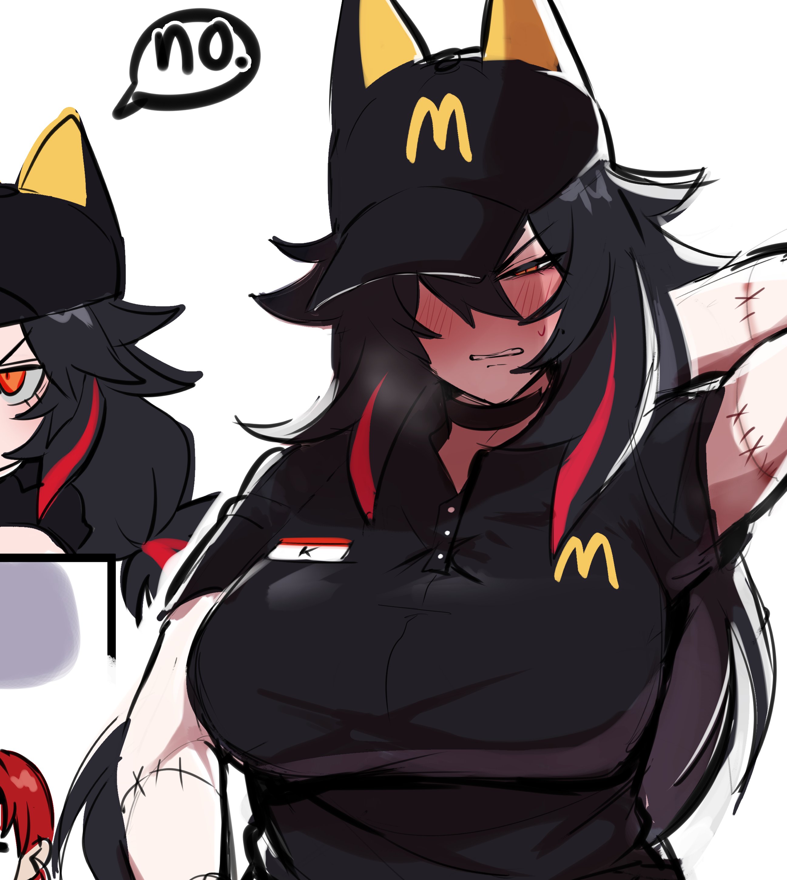 big breasts, breasts, fast food uniform, female, hat, k (kurenaiz), kurenaiz1, mcdonald's, oc, stiches, uniform