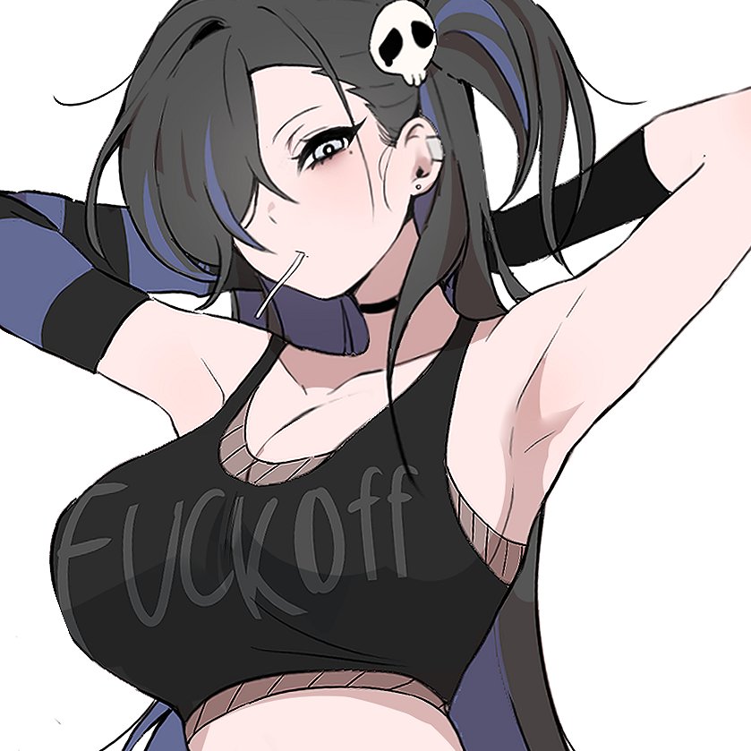 1girls armpits big_breasts black_hair breasts clothes_writing english_text female female_only goth goth_girl looking_at_viewer oh_(aung_ae) original original_character profanity