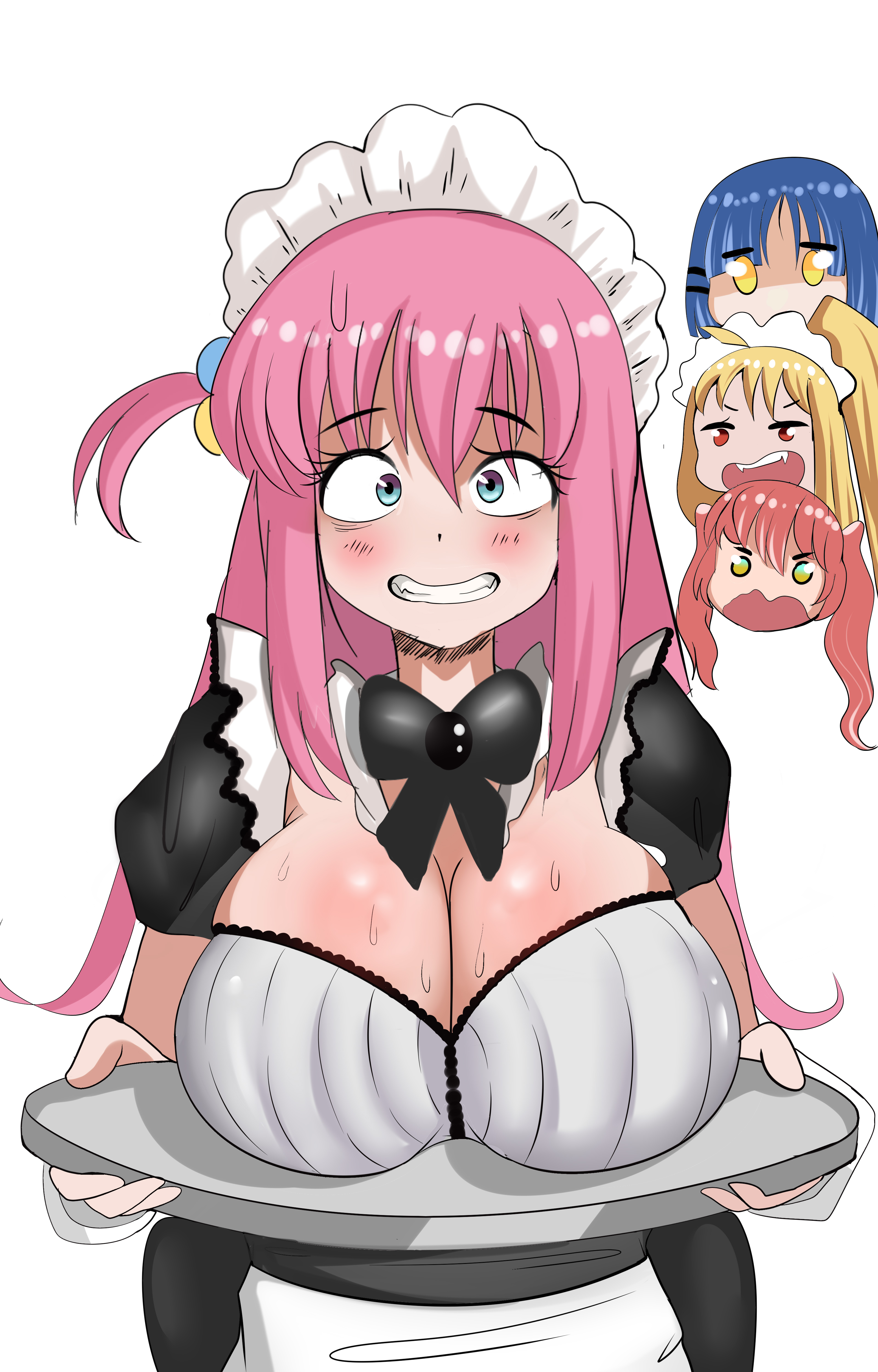 4girls, anime style, big breasts, blonde hair, blue eyes, blue hair, blush, bocchi the rock!, bochi, breasts, breasts on tray, cleavage, ecchi, female, female focus, female only, gotou hitori, ijichi nijika, indigopencil, kita ikuyo, maid, maid uniform, multiple females, multiple girls, nervous, nervous face, nervous smile, nervous sweat, pink hair, presenting breasts, red hair, scared, scared expression, scared face, sfw, sweat, sweating, sweating profusely, sweaty, sweaty breasts, twitter, yamada ryou