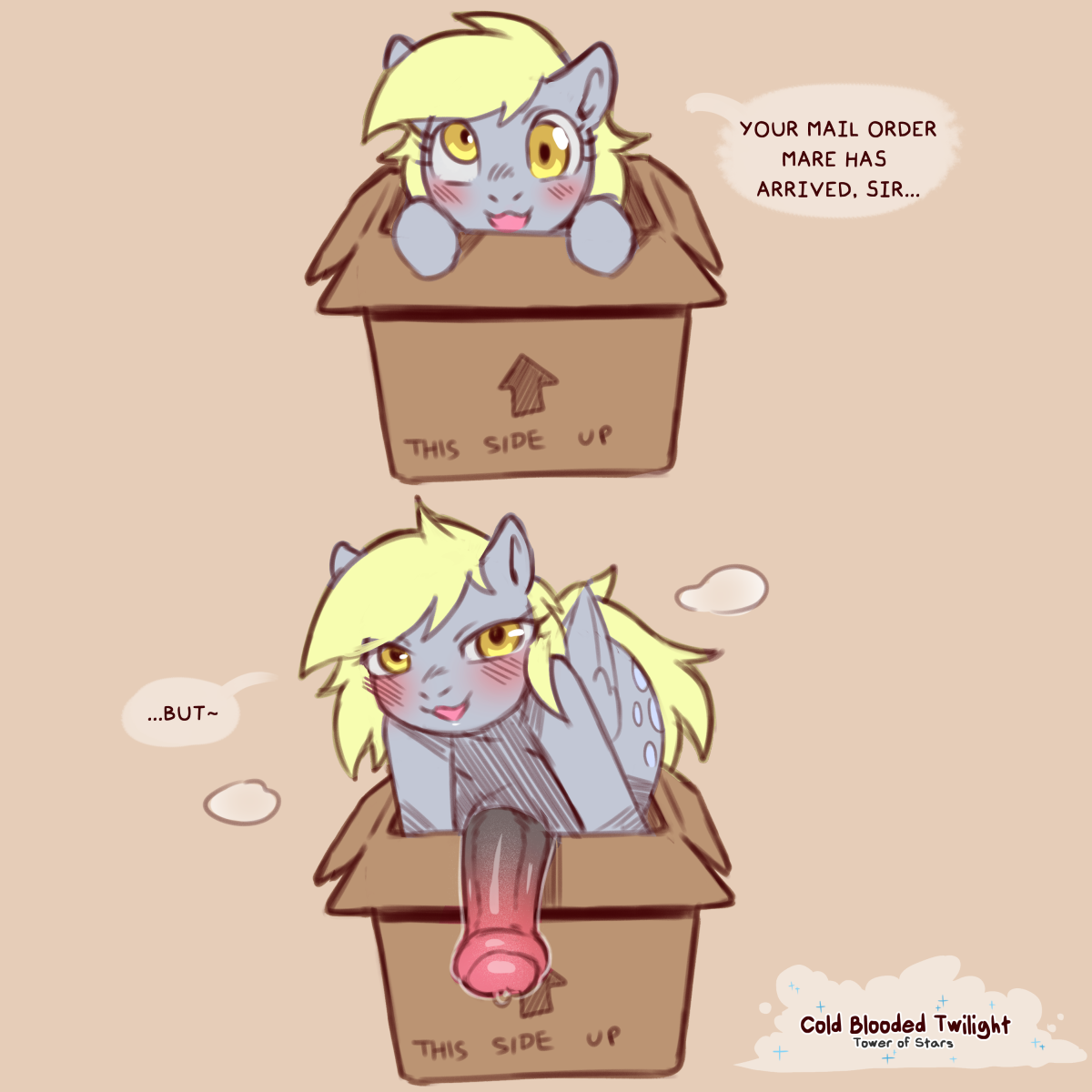 1:1, 2022, blush, box, cold-blooded-twilight, container, cutie mark, derpy hooves, digital media (artwork), disembodied penis, english text, equid, equine, feral, friendship is magic, futanari, genitals, hasbro, hi res, intersex, looking at viewer, male, mammal, my little pony, pegasus, penis, rule 63, simple background, solo, text, wings