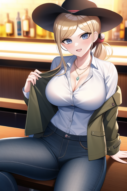 1girls ai_generated alcohol bad_hands bar beer blonde_hair blue_eyes cleavage cowboy_hat danganronpa danganronpa_another fanganronpa female_only green_jacket jeans liquor maki_kiyoka nai_diffusion necklace ponytail sitting solo solo_female stable_diffusion white_shirt