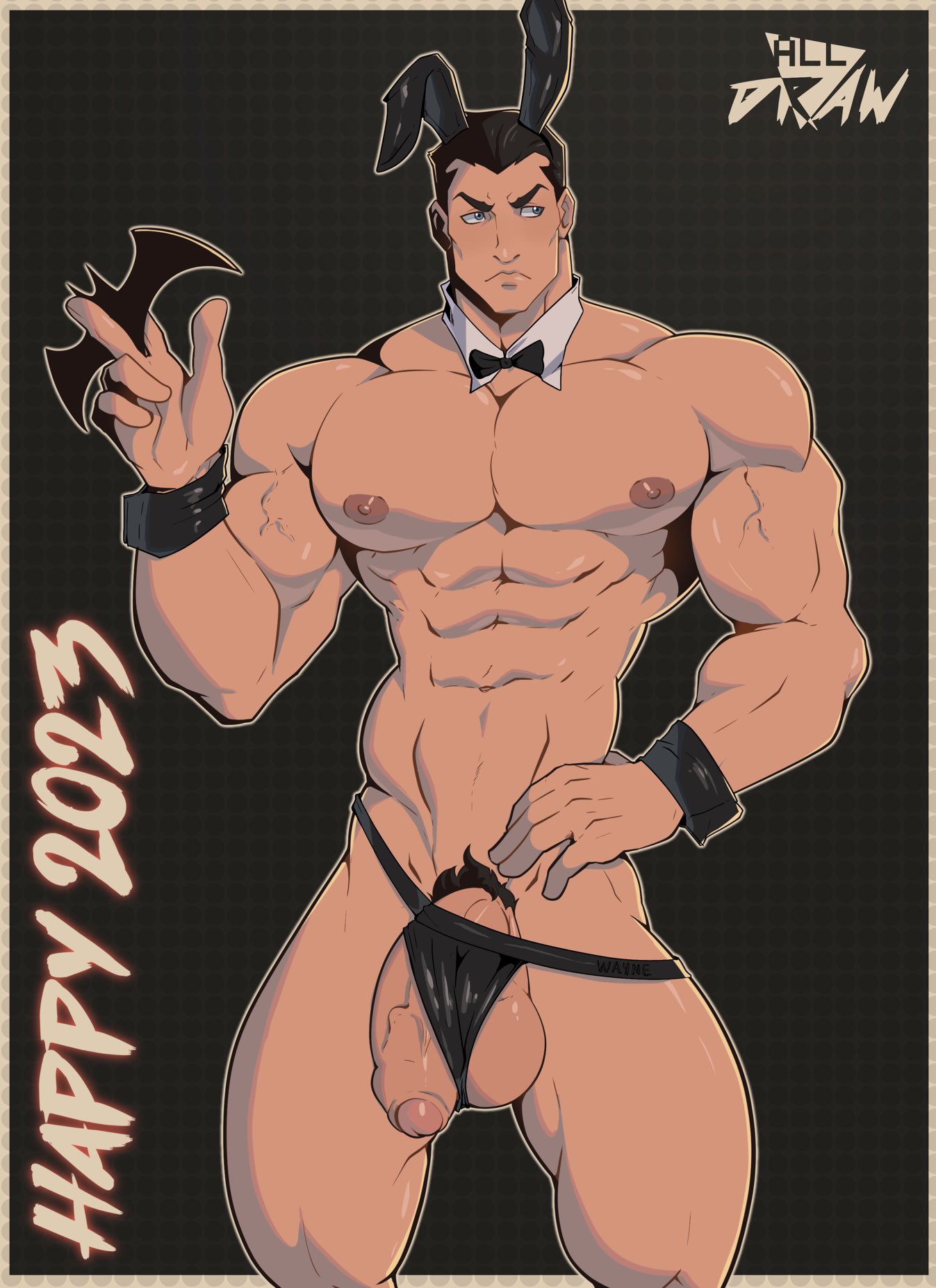 2023, all draw, batman, batman (bruce wayne), batman (series), bruce wayne, bunny ears, dc, dc comics, english text, flaccid, flaccid penis, foreskin, male, male only, muscles, muscular, muscular male, new year, penis, penis out, thong, uncircumcised, uncut, underwear, veiny penis, yaoi
