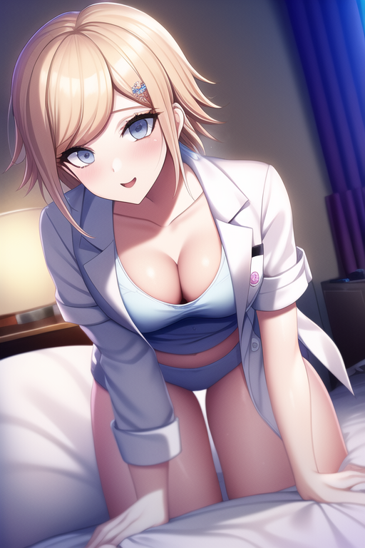 1girls aged_up ai_generated bedroom blue_eyes cleavage danganronpa danganronpa_another fanganronpa inori_kanata labcoat light_brown_hair messy_hair nai_diffusion on_all_fours on_bed panties shirt short_hair solo solo_female stable_diffusion underwear