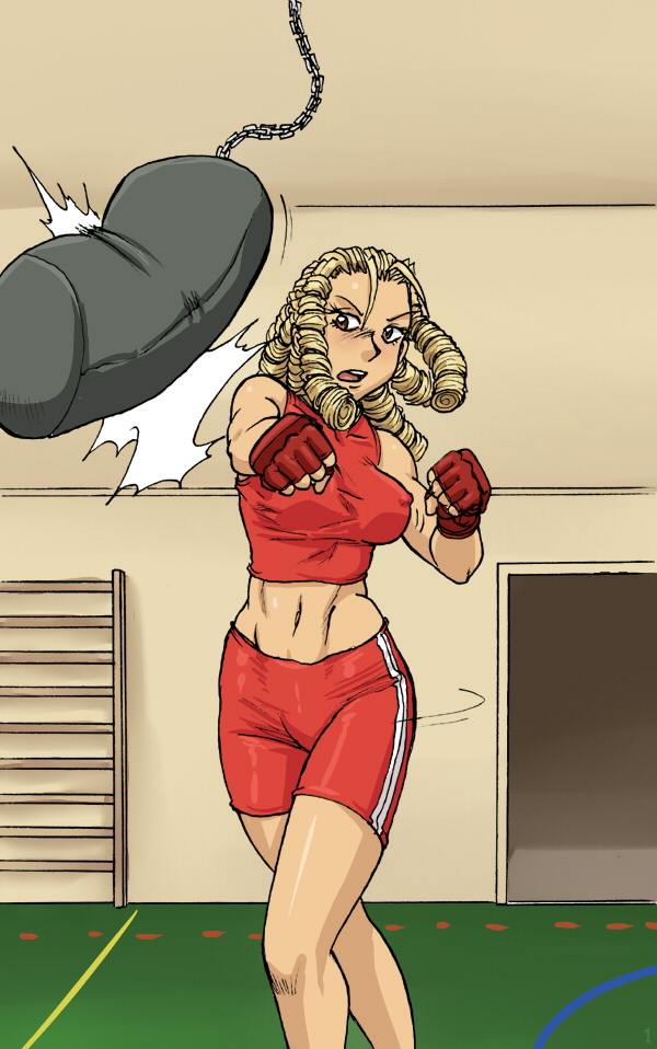 1girls athletic athletic_female bike_shorts blonde_hair breasts brown_hair busty capcom covered_nipples drill_hair female female_focus female_only fully_clothed gym hourglass_figure karin_kanzuki long_hair medium_breasts shorts solo spidu sports_bra street_fighter tagme wide_hips