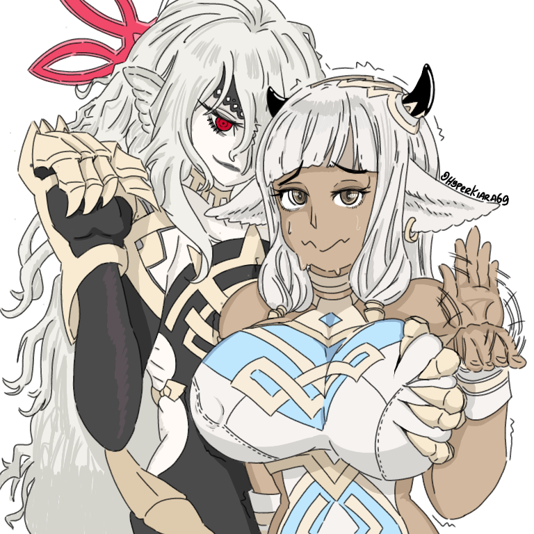 2girls ash_(fire_emblem) bangs breast_grab breasts brown_eyes covered_nipples cow_girl dark-skinned_female dark_skin deep_skin earrings elbow_gloves embarrassed embla_(fire_emblem) female female_only femdom femsub fire_emblem fire_emblem_heroes gloves grey_hair groping hair_over_one_eye horns hyperkiara69 large_breasts long_hair looking_at_viewer motion_blur motion_lines multiple_girls nervous nervous_smile nintendo pointy_ears red_eyes small_breasts smile smirk upper_body very_long_hair waving waving_at_viewer yuri