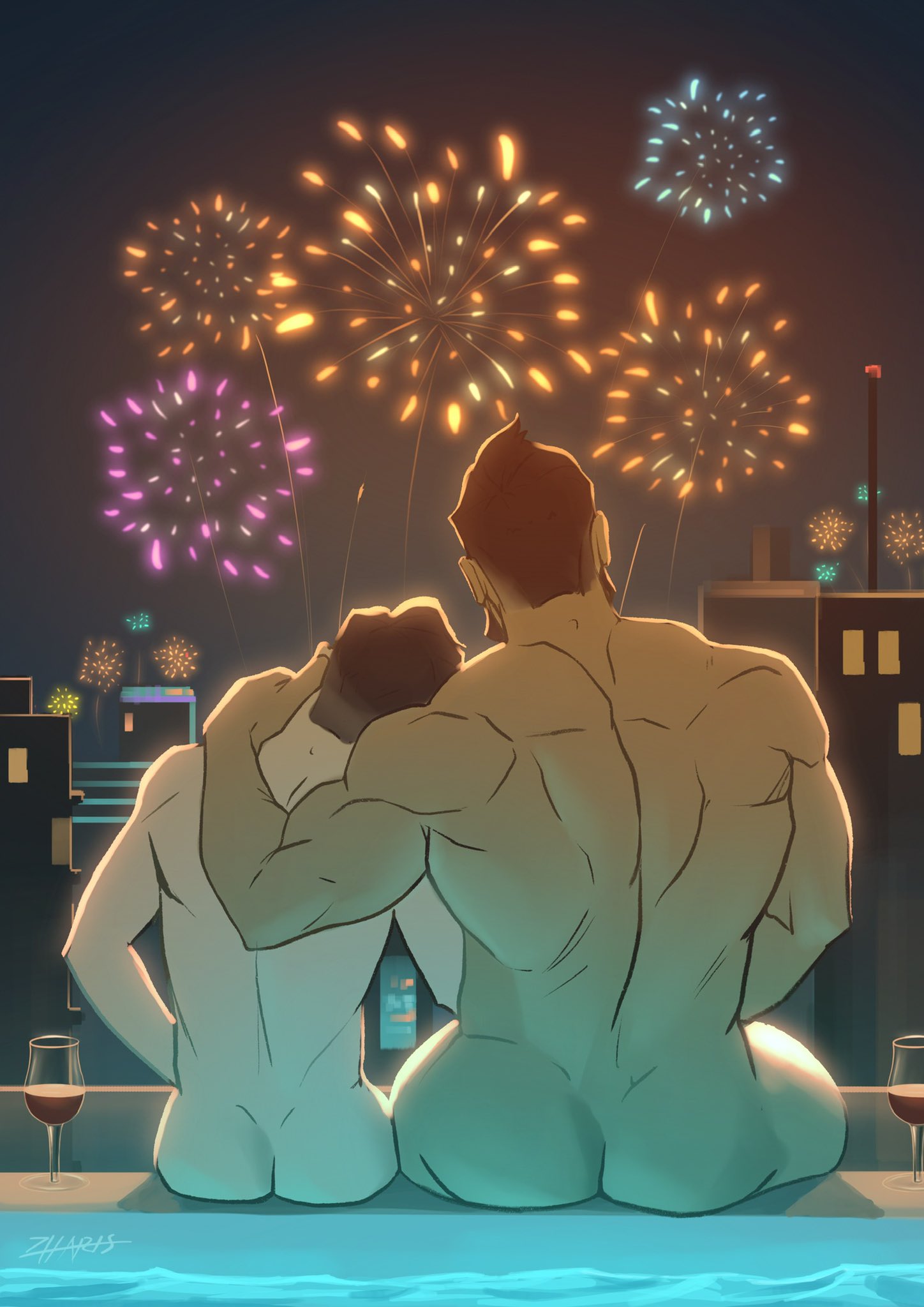 ass ass back_muscles couple fireworks gay male male_only muscles muscular muscular_male new_year zharts