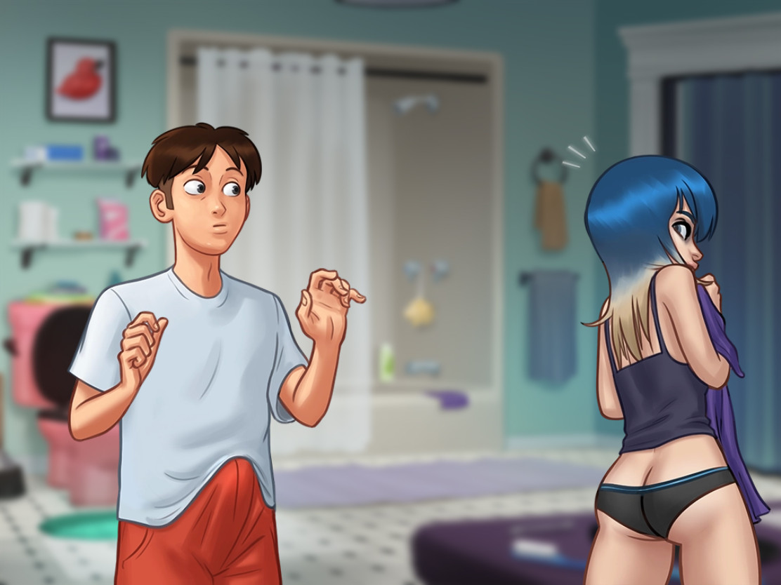 1boy, 1girls, 2d, after shower, ass, bathroom, blue hair, brown hair, clothed, clothing, darkcookie, digital drawing (artwork), digital media (artwork), erect penis, erection, erection under clothes, eve (summertime saga), female, female focus, hard on, light skin, light-skinned female, light-skinned male, main character (summertime saga), male, panties, penis, shirt, shocked, shocked expression, shorts, standing, summertime saga, tank top, tight clothing, towel, two-tone hair, underwear