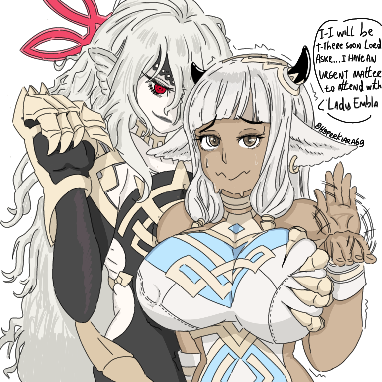 2girls ash_(fire_emblem) bangs breast_grab breasts brown_eyes covered_nipples cow_girl dark-skinned_female dark_skin deep_skin earrings elbow_gloves embarrassed embla_(fire_emblem) english_text female female_only femdom femsub fire_emblem fire_emblem_heroes gloves grey_hair groping hair_over_one_eye horns hyperkiara69 large_breasts long_hair looking_at_viewer motion_blur motion_lines multiple_girls nervous nervous_smile nintendo pointy_ears red_eyes small_breasts smile smirk text upper_body very_long_hair waving waving_at_viewer yuri