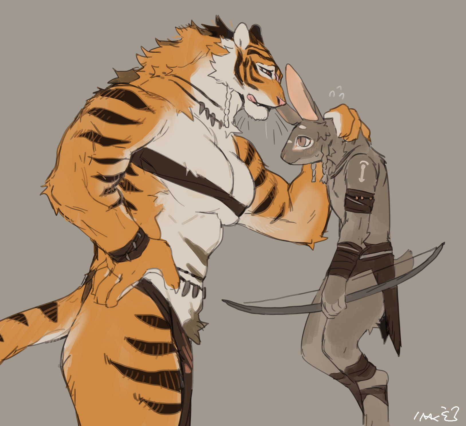 1boy, 1girls, anthro, bebebebebe, blush, bow, breasts, buff, countershading, female, fur, furry, furry only, grey background, grey fur, hi res, leporid, licking lips, lifting, lifting person, loincloth, male, muscular, muscular female, narrowed eyes, orange fur, orange hair, pantherine, rabbit, rabbit ears, red eyes, size difference, striped fur, tail, taller female, tiger, tiger ears, tiger tail, voluptuous