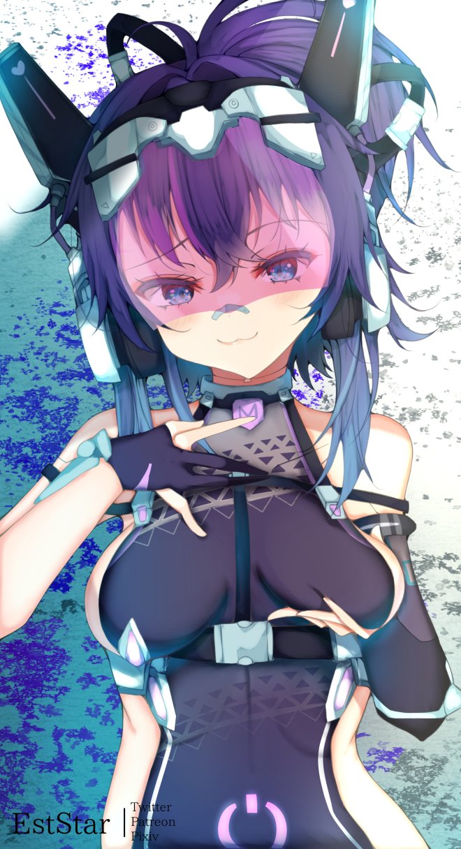 :3, 1girls, artist request, breast grab, breasts, clothing, eststar, female, female only, looking at viewer, melody (projektmelody), projektmelody, purple-tinted eyewear, self fondle, solo, solo female, tinted eyewear, virtual youtuber, visor, vshojo