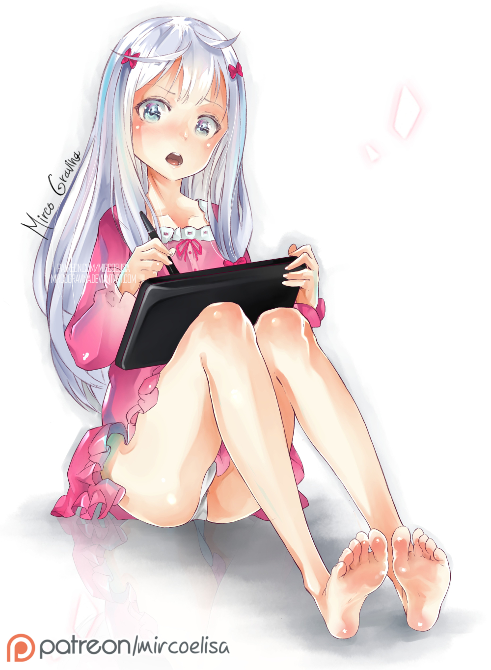 blue_eyes drawing_tablet eromanga_sensei feet female izumi_sagiri long_hair panties patreon silver_hair solo stylus watermark yo-nashi