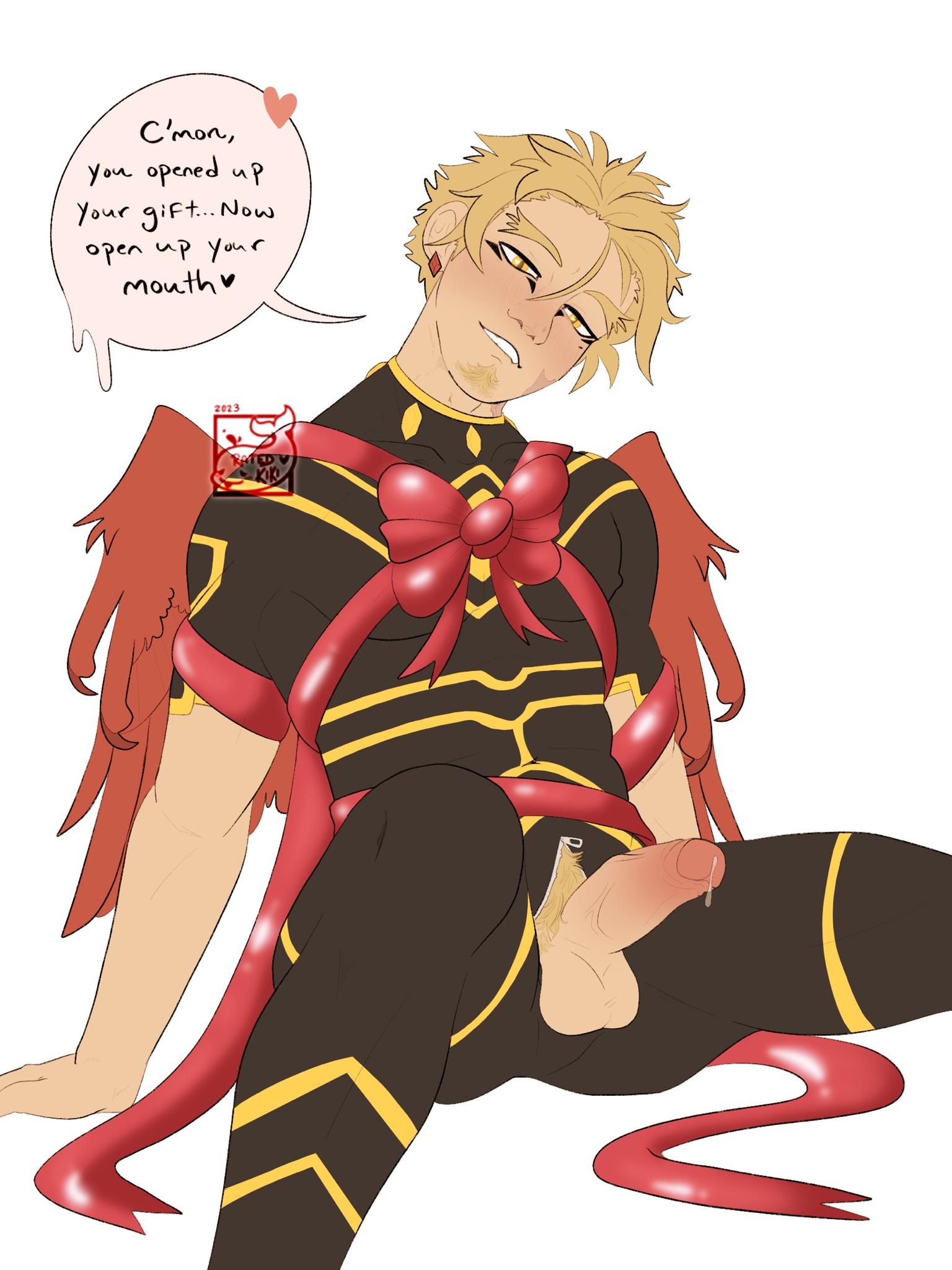 balls, biting lip, blonde hair, blonde pubic hair, bow, facial hair, hawks (my hero academia), keigo takami, male, male only, my hero academia, penis, piercing, precum, pubic hair, ribbon