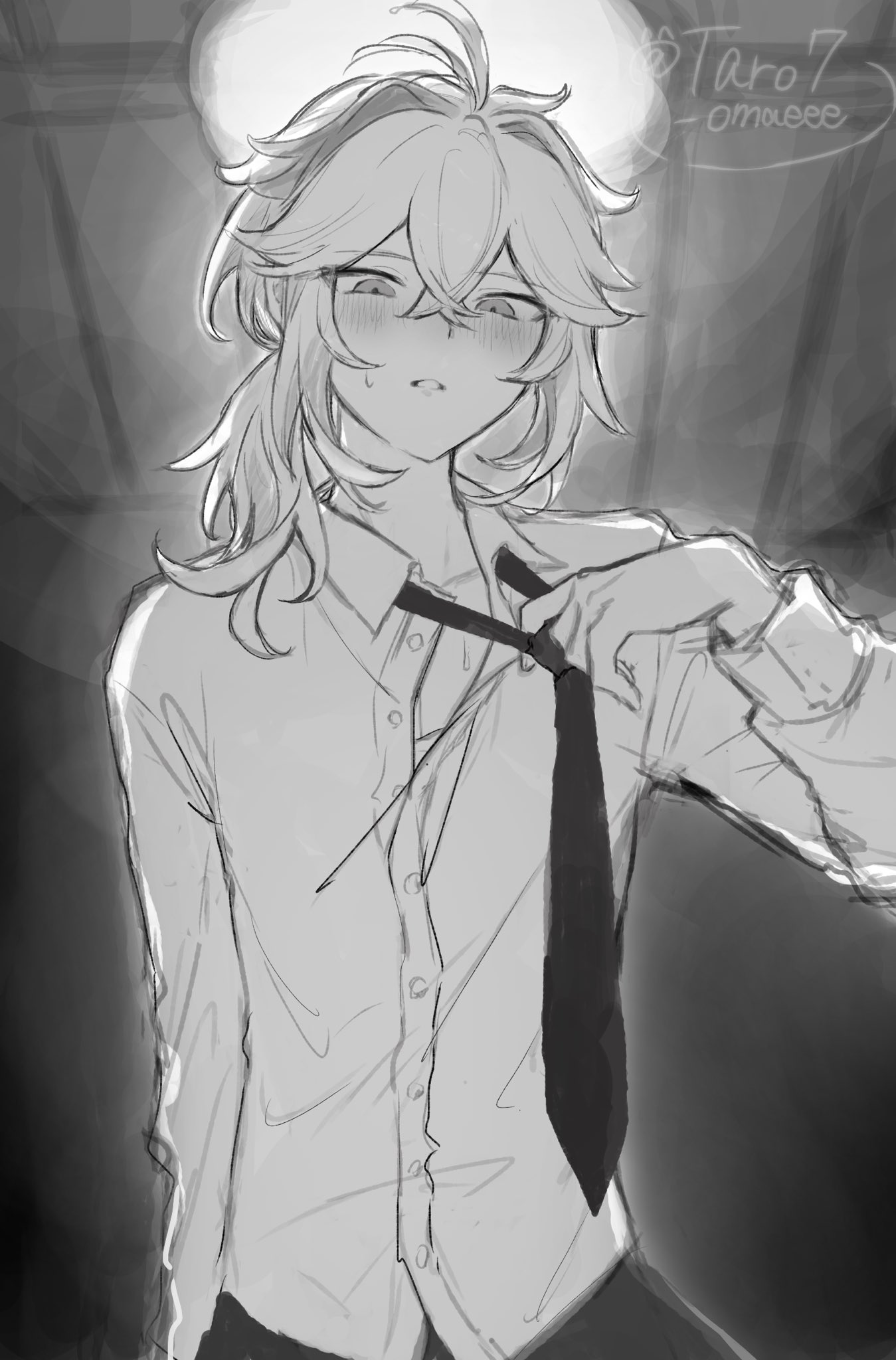 1boy, aether (genshin impact), black and white, blush, genshin impact, kaedehara kazuha, male, male only, sketch, solo, yaoi