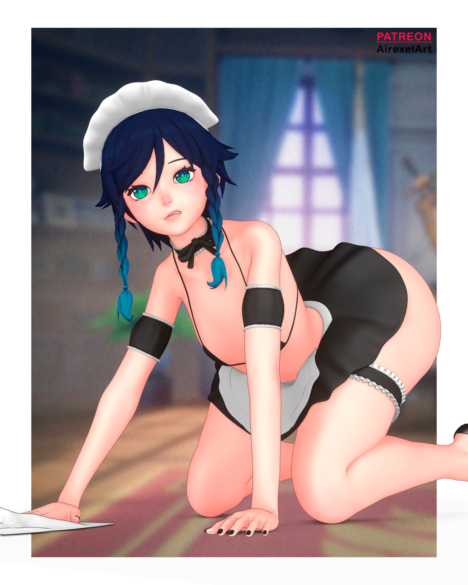 1boy, 3d, airexelart, bikini top, blue eyes, blue hair, crossdressing, femboy, genshin impact, girly, high heels, looking at viewer, maid, maid uniform, male, male only, nail polish, solo, trap, venti (genshin impact)