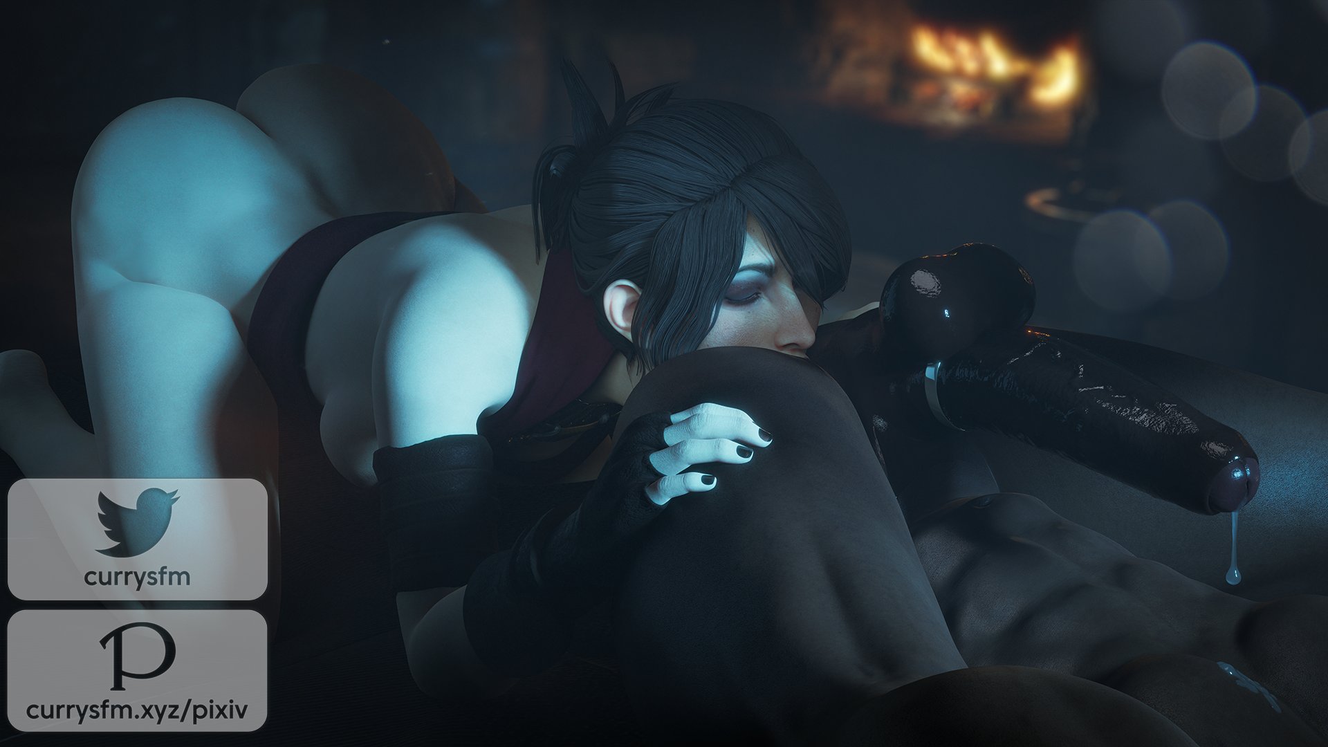 1boy, 1girls, 3d, big penis, bioware, closed eyes, cock ring, cum, currysfm, dark skin, dark-skinned male, dragon age, female, interracial, light skin, light-skinned female, male, morrigan (dragon age), penis, precum, rimjob, rimming, tongue