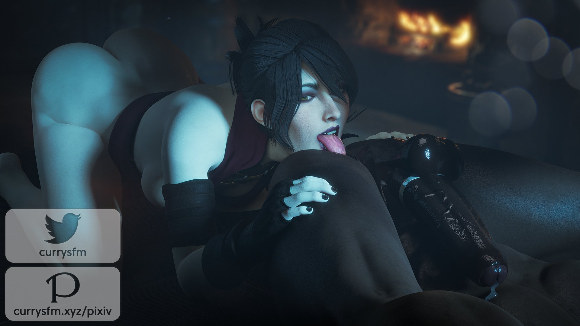 1boy, 1girls, 3d, anilingus, big penis, bioware, cock ring, cum, currysfm, dark skin, dark-skinned male, dragon age, female, female rimming male, interracial, large penis, light skin, light-skinned female, male, male anilingus, morrigan (dragon age), penis, precum, rimjob, rimming, tongue