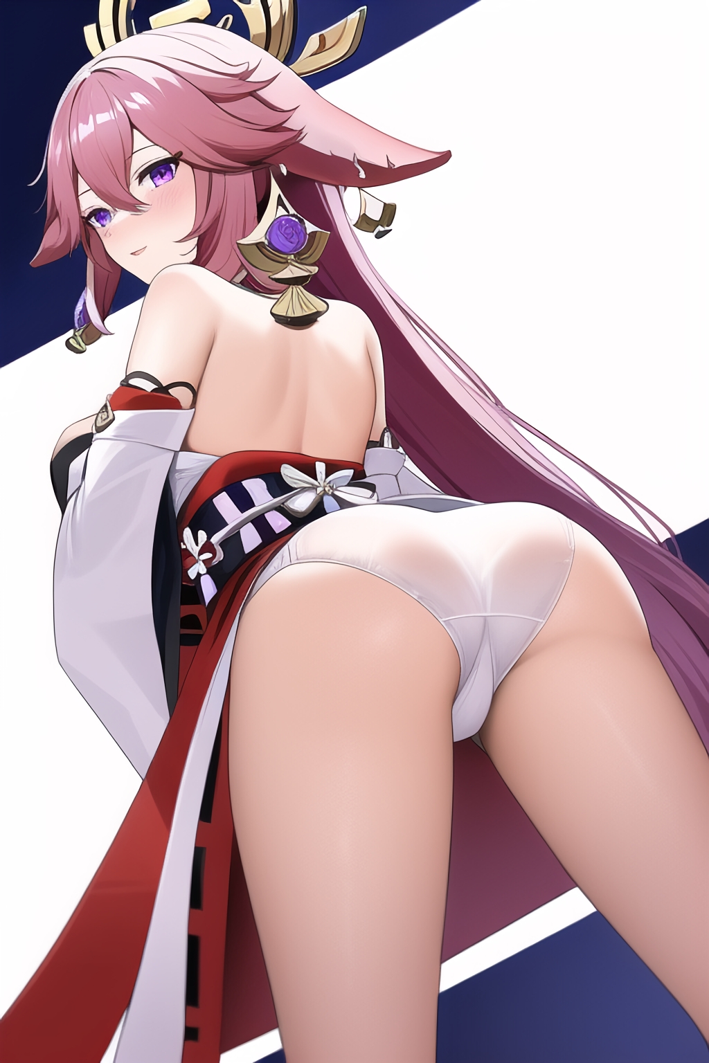 ai generated, ass, ass focus, bare shoulders, blush, breasts, cameltoe, come hither, female, fox ears, from behind, from below, genshin impact, hair ornament, huge ass, japanese clothes, large breasts, long hair, looking at viewer, looking back, looking down, naughty face, panties, pink hair, purple eyes, pussy, shiny, shiny hair, shiny skin, sideboob, smile, solo, very long hair, yae miko