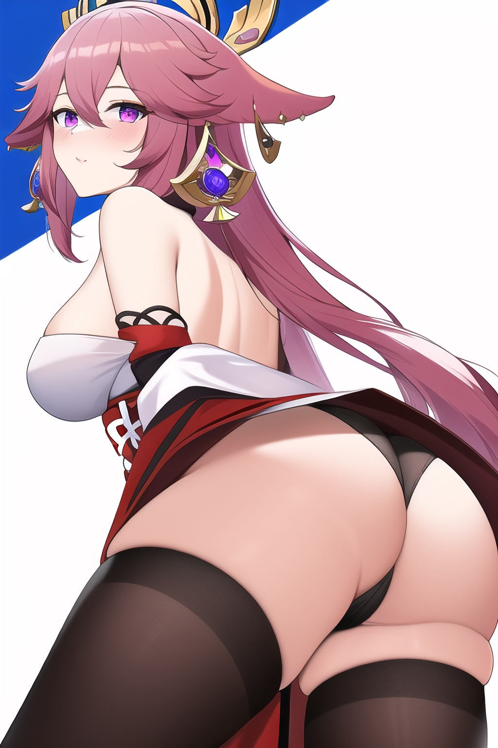 ai generated, ass, ass focus, bare shoulders, blush, breasts, cameltoe, come hither, female, fox ears, from behind, from below, genshin impact, hair ornament, huge ass, japanese clothes, large breasts, long hair, looking at viewer, looking back, looking down, naughty face, panties, pink hair, purple eyes, pussy, shiny, shiny hair, shiny skin, sideboob, smile, solo, thick thighs, thighhighs, very long hair, yae miko