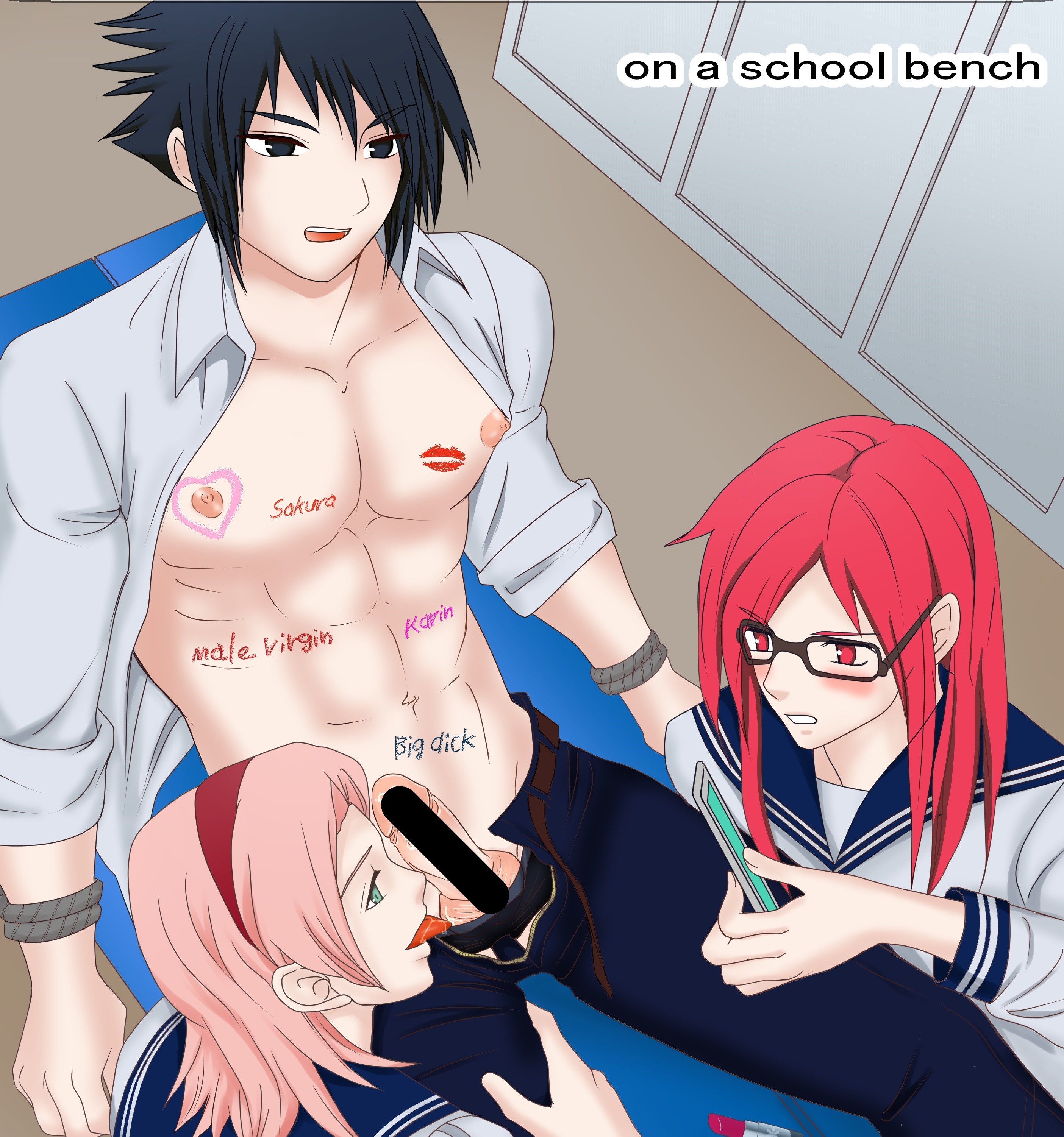 1boy, 2girls, alternate costume, blowjob, cfnm, clothed female nude male, female, femdom, handcuffed, hetero, human, male, male/female, malesub, multiple females, multiple girls, muscular, muscular male, naruto, naruto (series), naruto shippuden, nipples, open mouth, oral, oral sex, penis, sakura haruno, sasuke uchiha, school uniform, schoolgirl, straight, threesome, undressing, uzumaki karin