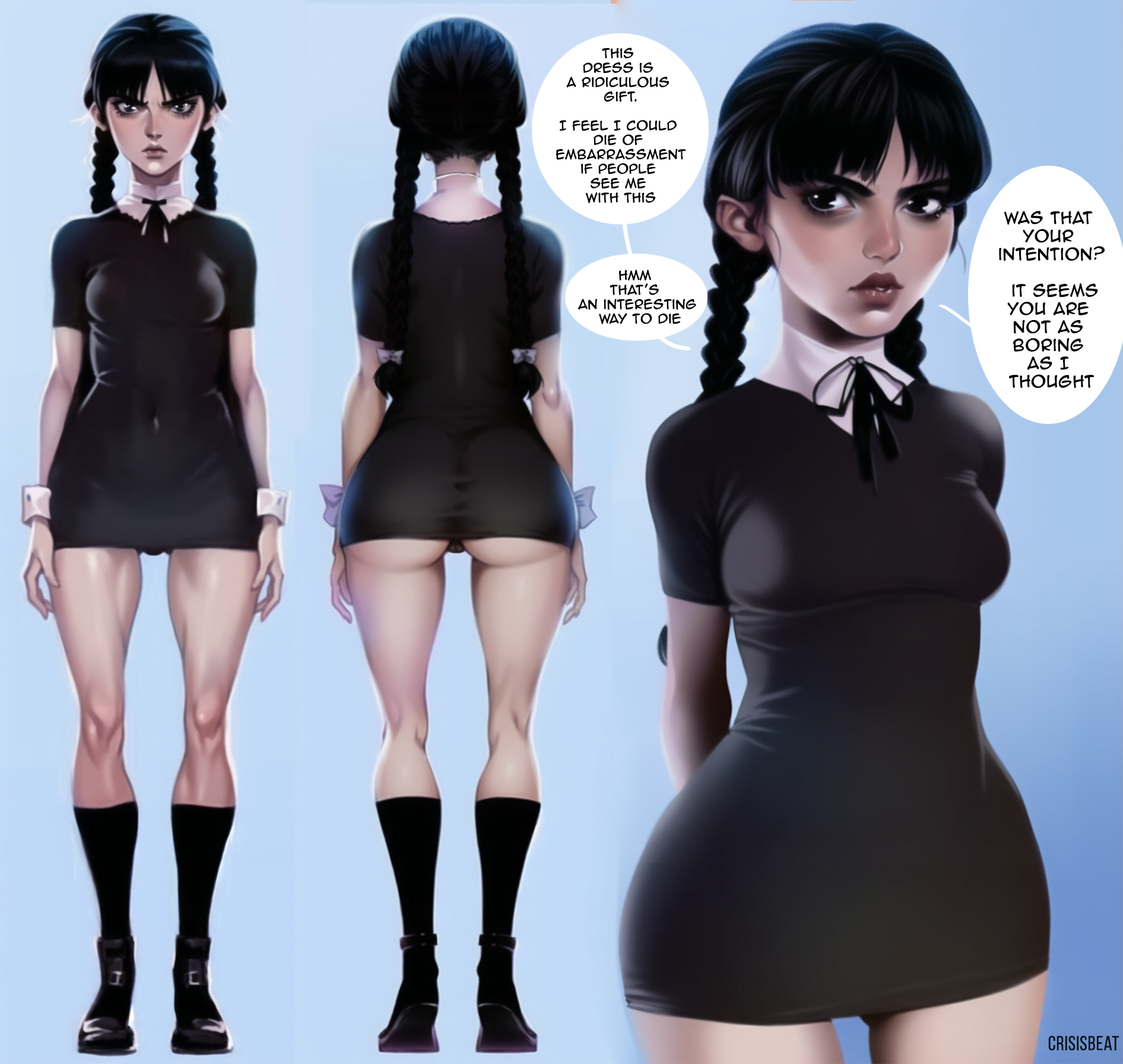 1girls, ass, bare legs, big breasts, black eyes, black hair, breasts, bubble ass, bubble butt, busty, casual, clothing, crisisbeat, dress, english text, female, female focus, female only, footwear, front view, full body, g-string, goth, goth girl, hourglass figure, human, light skin, light-skinned female, long hair, makeup, pale skin, pale-skinned female, panties, rear view, see-through, shoes, short dress, skin tight, speech bubble, tagme, text, the addams family, tight clothing, twintails, wednesday addams, wide hips