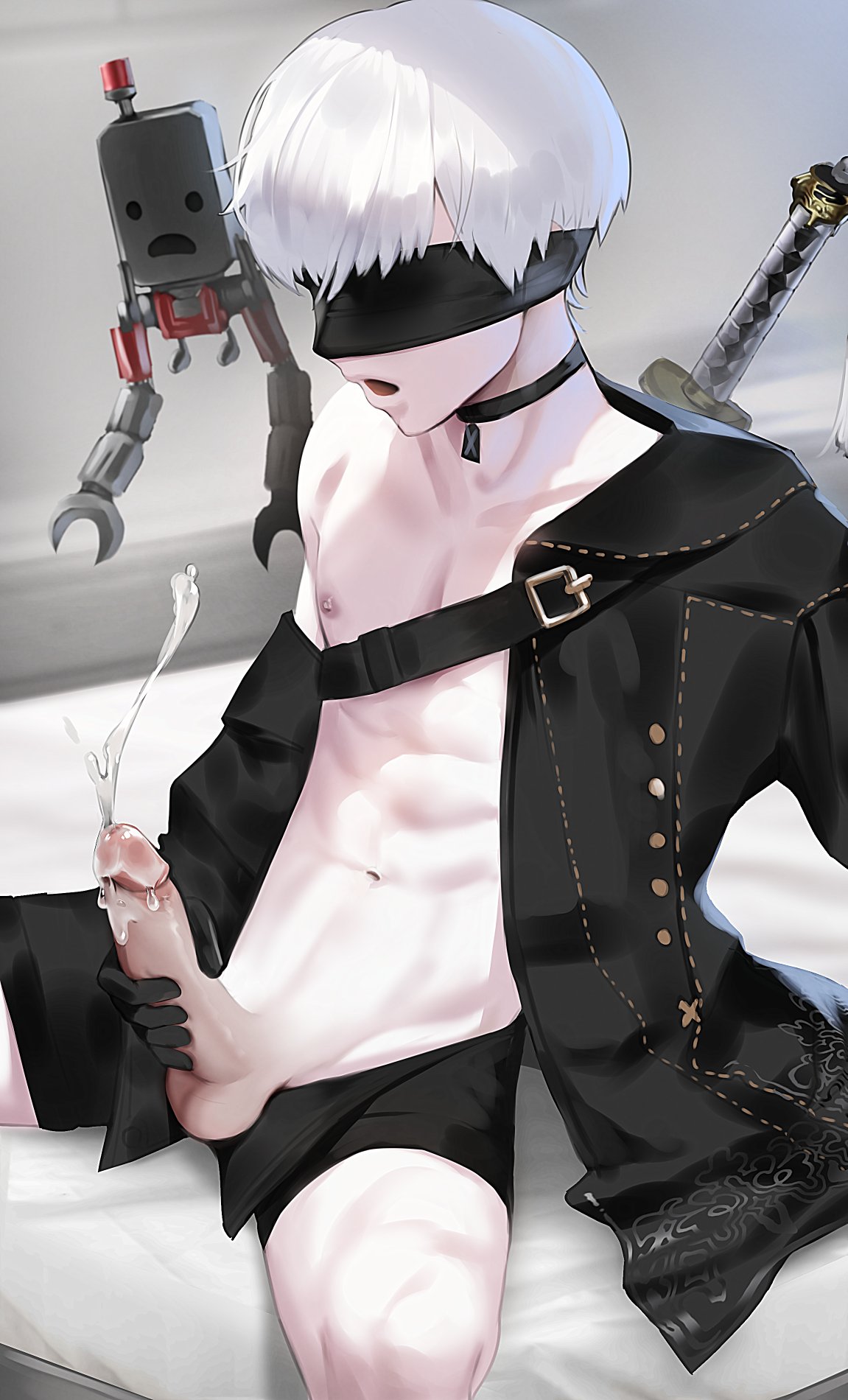1boy, balls, blindfold, clothing, cum, cumshot, ejaculation, erect penis, erection, femboy, light skin, light-skinned male, male, male focus, male only, masturbation, nier, nier: automata, penis, pod (nier), seijitaro, short hair, sitting, solo, solo male, testicles, trap, white hair, yorha 9s