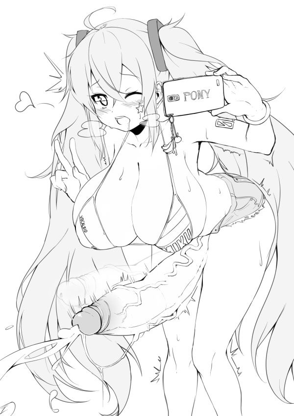 1futa 2019 bent_over big_ass big_breasts big_butt bikini blush bottomless breasts clothed clothing cum doodle ejaculation erection futa_only futanari greyscale hands-free handsfree_ejaculation hatsune_miku heavy_breathing horny huge_cock human knees_together_feet_apart leaning leaning_forward long_hair long_penis magister monochrome mostly_nude orgasm penis penis_out phone short_shorts shorts solo standing string_bikini sweat twintails vocaloid