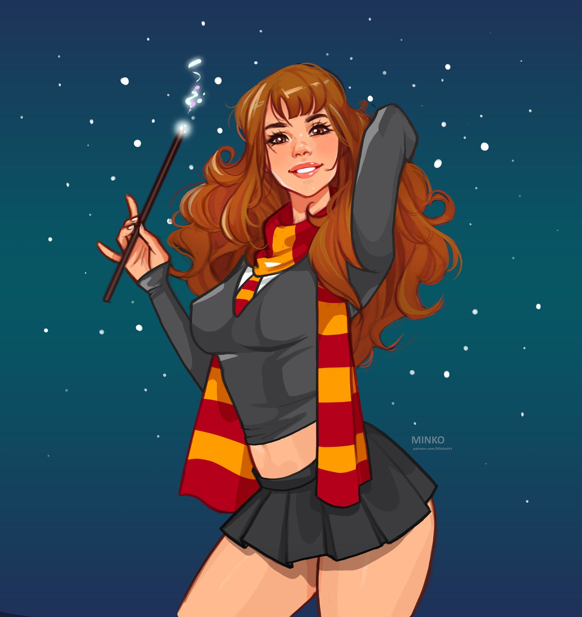 1girls, athletic, athletic female, big breasts, breasts, busty, cleavage, curvaceous, curvy, curvy figure, digital drawing (artwork), digital media (artwork), eyebrows, eyelashes, eyes, female, female focus, female only, fit, fit female, gryffindor, gryffindor scarf, gryffindor tie, hair, harry potter, hermione granger, hips, hourglass figure, legs, light skin, light-skinned female, lips, minko, olena minko, slim, slim waist, solo, solo female, thick, thick legs, thick thighs, thighs, upper body, voluptuous, waist, wand, wide hips, witch (harry potter)