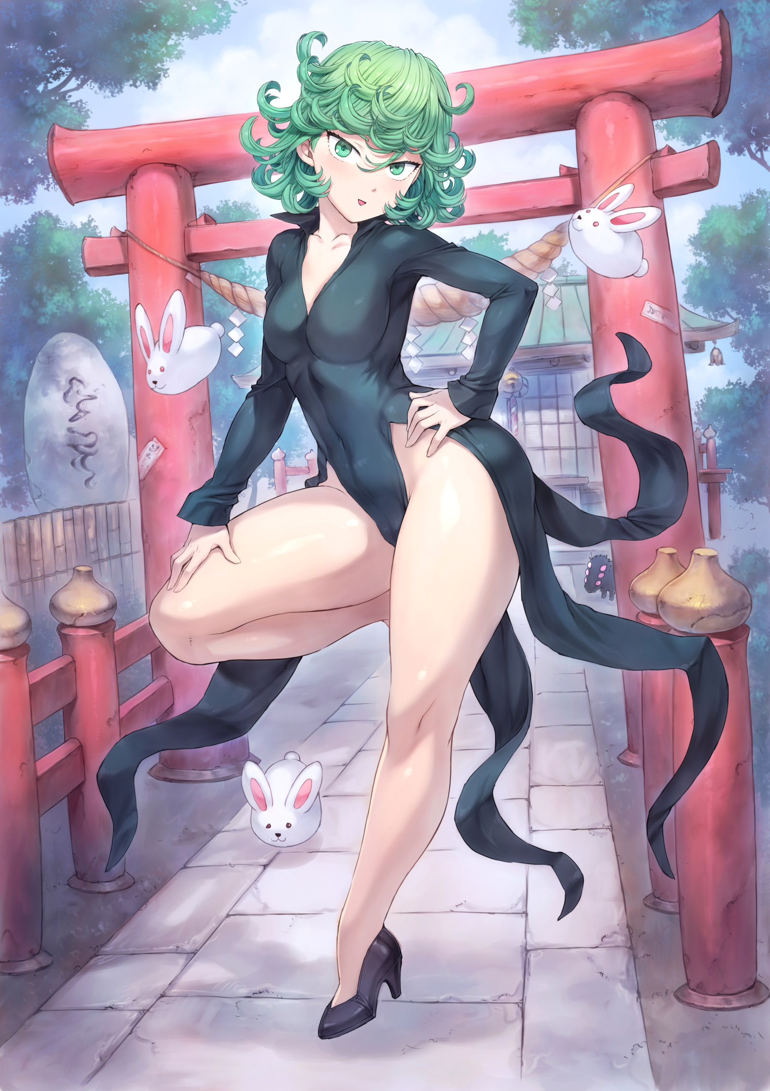 1girls, bottom heavy, calves, clothed female, color, eye contact, female, female only, fully clothed, green eyes, green hair, hand on hip, knees, looking at viewer, mogudan, one-punch man, perfect legs, shiny skin, short hair, solo, stomach, tatsumaki, thick thighs, thighs, thighs together, wide hips