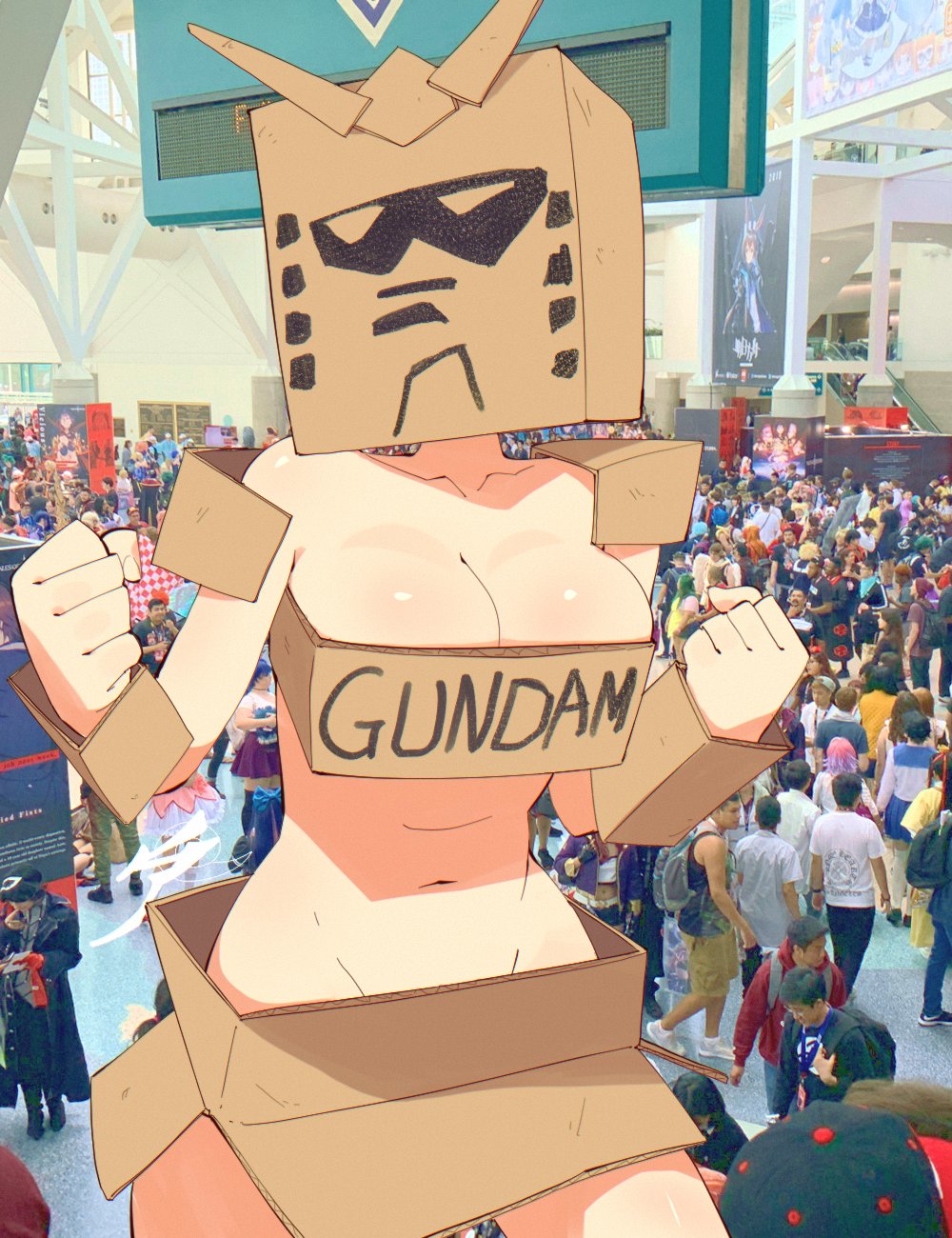 1girls aetherion_art almost_naked background_characters bad_cosplay box_on_head cardboard cardboard_box cardboard_box_gundam cleavage convention cosplay exhibitionism female gundam improvised_clothing mask masked_female meme midriff navel photo_background precarious_clothing real_life_background rx-78-2 solo solo_focus tagme