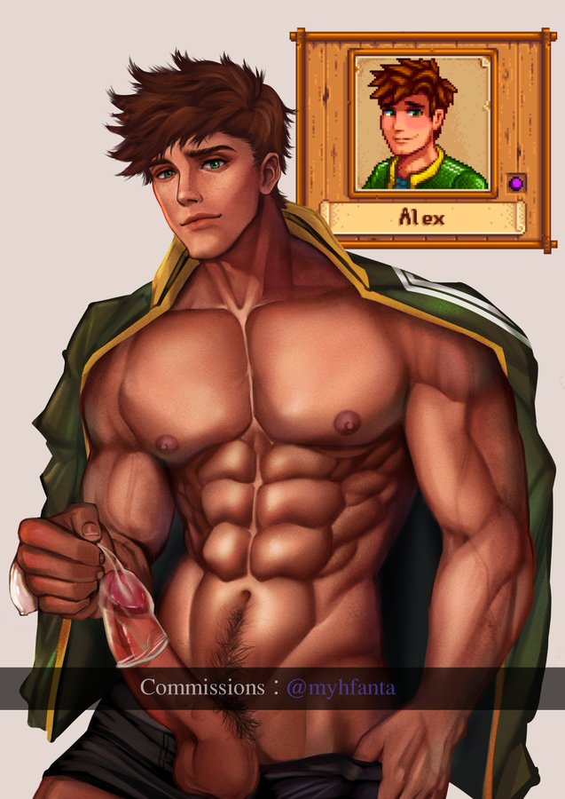 alex mullner, condom on penis, male, male only, muscular, muscular male, penis, solo, solo male, stardew valley