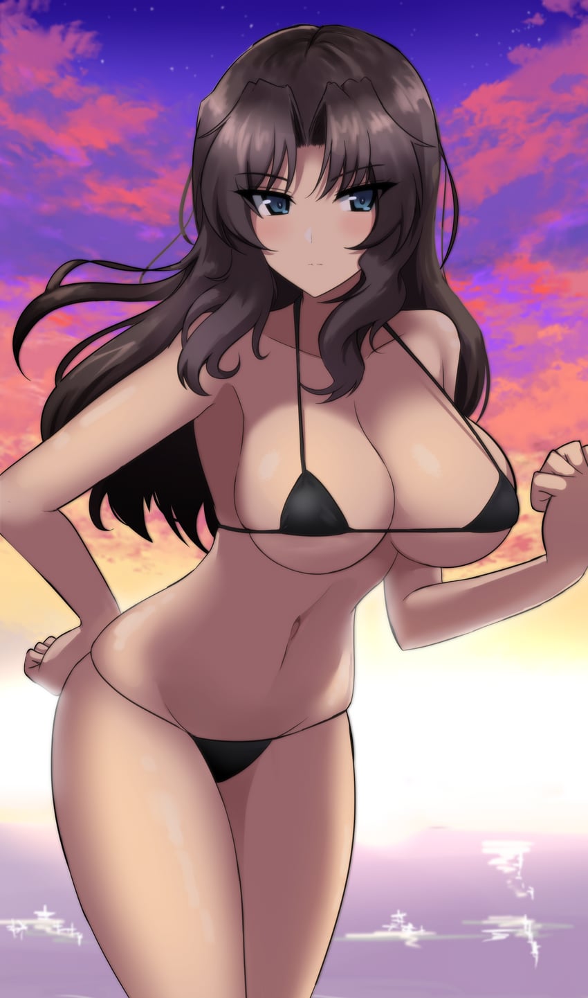 absurdres, aikir (jml5160), bikini, black bikini, blue eyes, breasts, brown hair, clenched hands, closed mouth, cloud, commission, dark skin, dark-skinned female, el (girls und panzer), expressionless, female, girls und panzer, hair intakes, hand on hip, hand up, highres, large breasts, leaning forward, long hair, navel, ocean, orange sky, outdoors, pixiv commission, skindentation, sky, solo, stomach, strap gap, string bikini, sunset, swimsuit, tagme, thighs