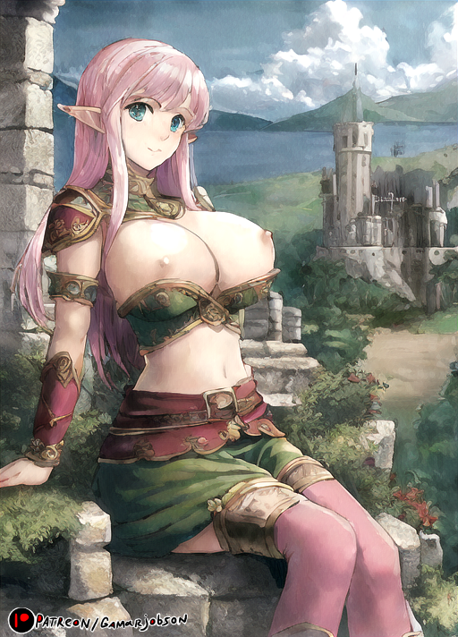 ai_generated big_breasts breasts_out elf_ears elf_female elf_girl gamarjobson middle_age nipples pink_hair