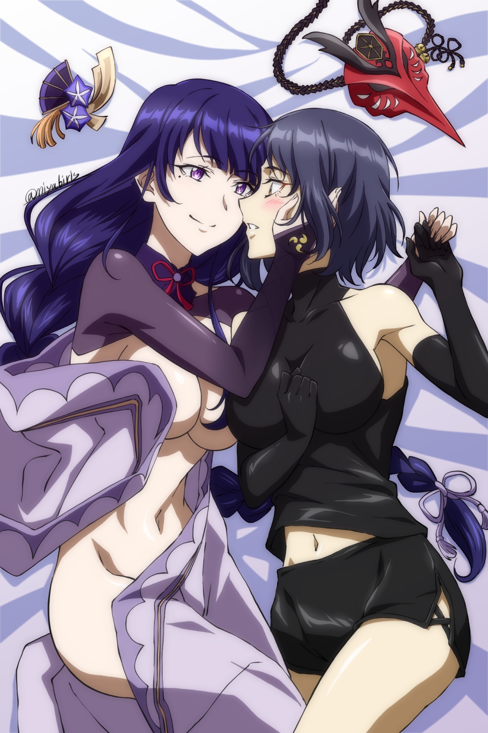 2girls about_to_kiss black_gloves black_hair blush clothed clothed_female dominant_female elbow_gloves genshin_impact gloves in_bed kujou_sara long_glove long_gloves long_hair looking_at_another looking_at_partner miyabiris preparation preparing purple_eyes purple_hair raiden_shogun short_hair smiling smiling_at_another smiling_at_partner submissive_female tagme yellow_fur yuri