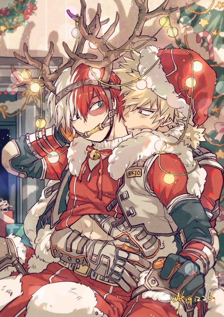 2boys antlers bakugou_katsuki being_undressed bell_collar blonde_hair christmas christmas_clothing christmas_decorations christmas_hat christmas_headwear christmas_lights christmas_outfit christmas_tree gag_bondage gagged hand_under_clothes hands_under_clothes heterochromia horns hugging_from_behind katsuki_bakugou kissing_neck male male/male male_focus male_only my_hero_academia neck_kiss on_lap reindeer_antlers santa_costume santa_hat shouto_todoroki spiky_hair todoroki_shouto two_tone_hair undressing winter winter_clothes yaoi